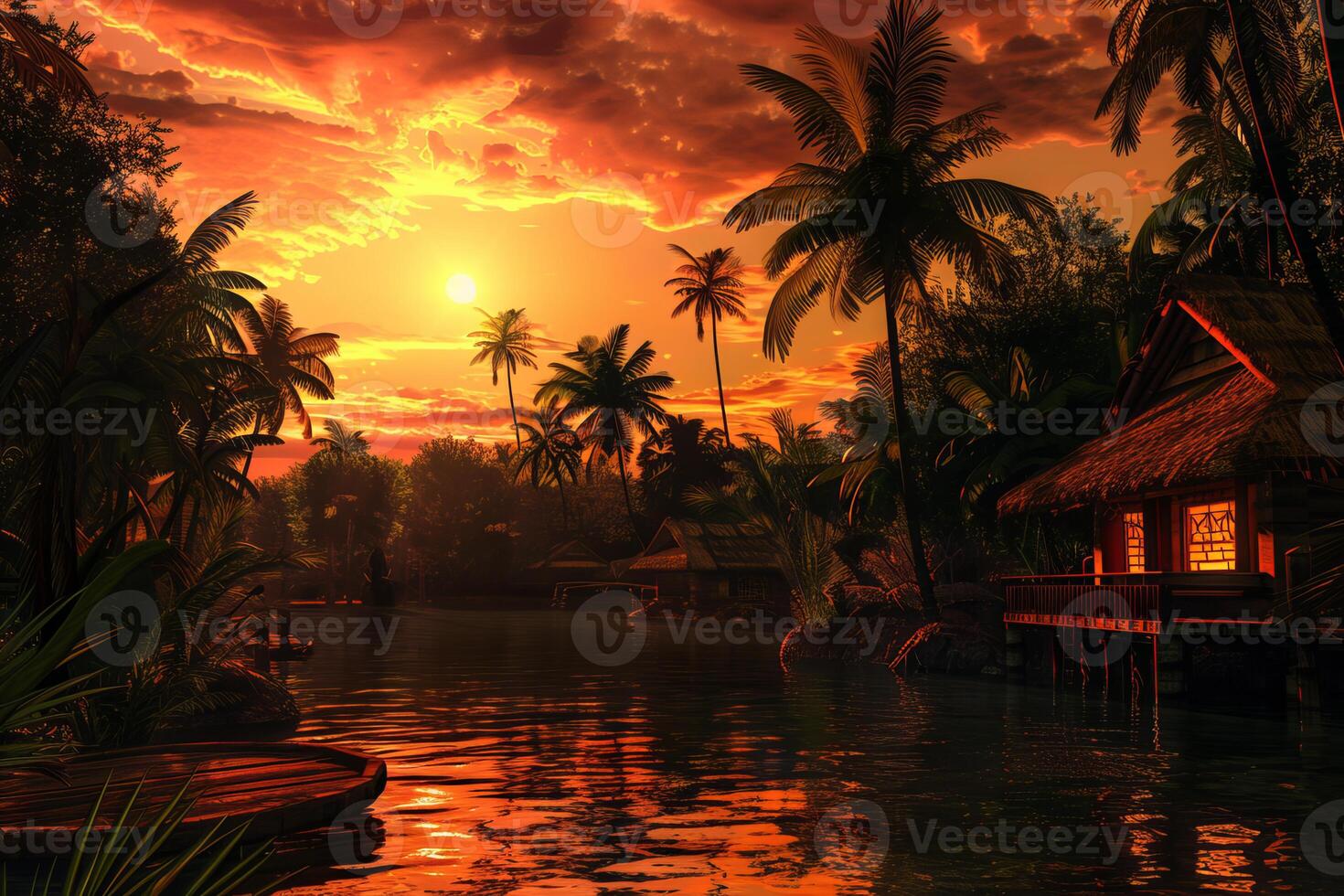Breathtaking sunset with reflections over a tranquil tropical lagoon and silhouetted palm trees photo
