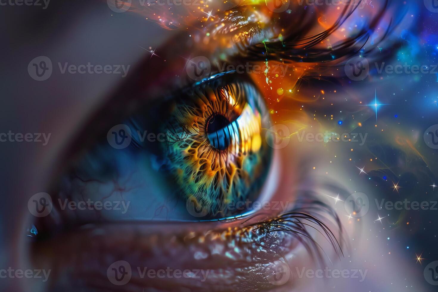 Cosmic vision abstract eye with universe reflection photo