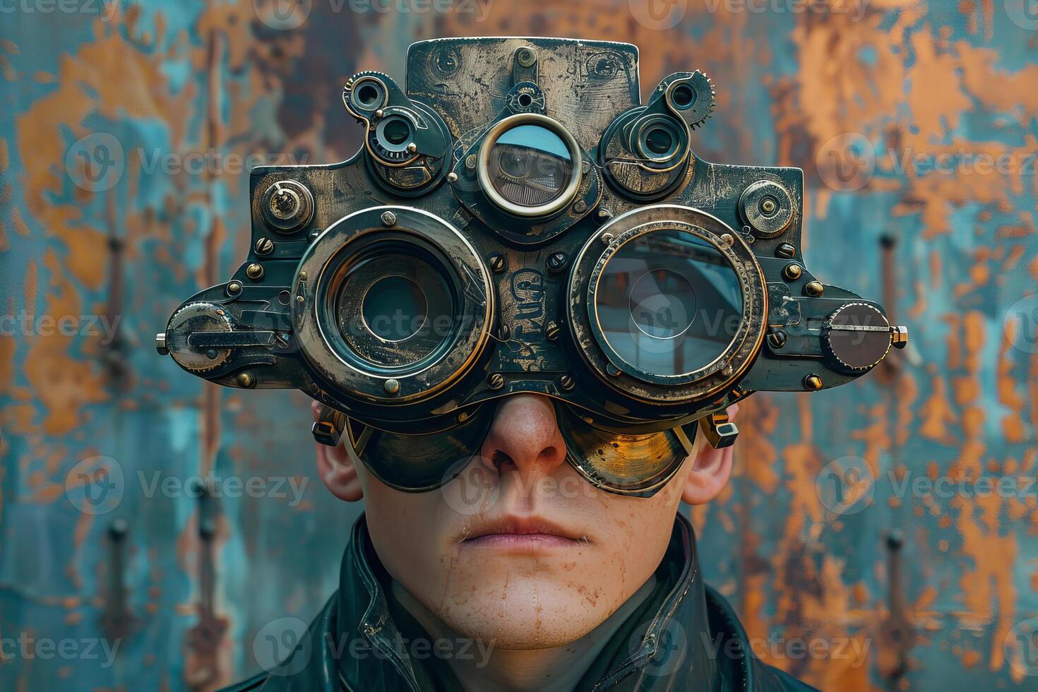 Closeup of a person wearing intricate steampunk goggles against a rusty backdrop photo