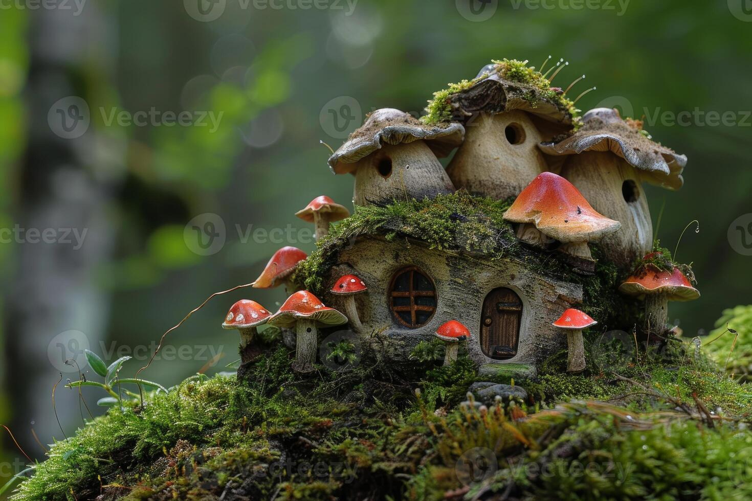 Whimsical mushroom house set amidst lush greenery, evoking a fairytale ambiance photo