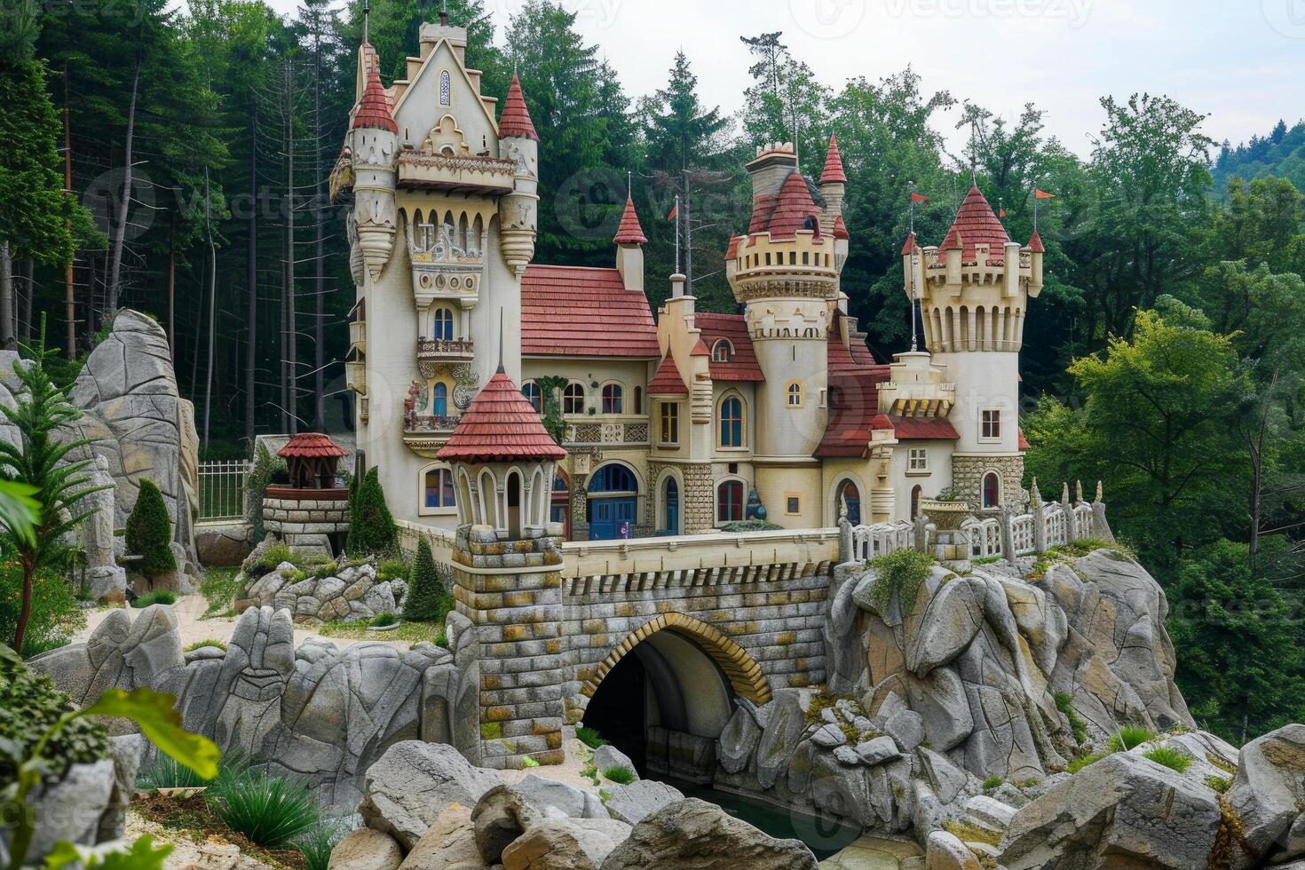 Enchanted fairy tale castle in lush forest setting photo