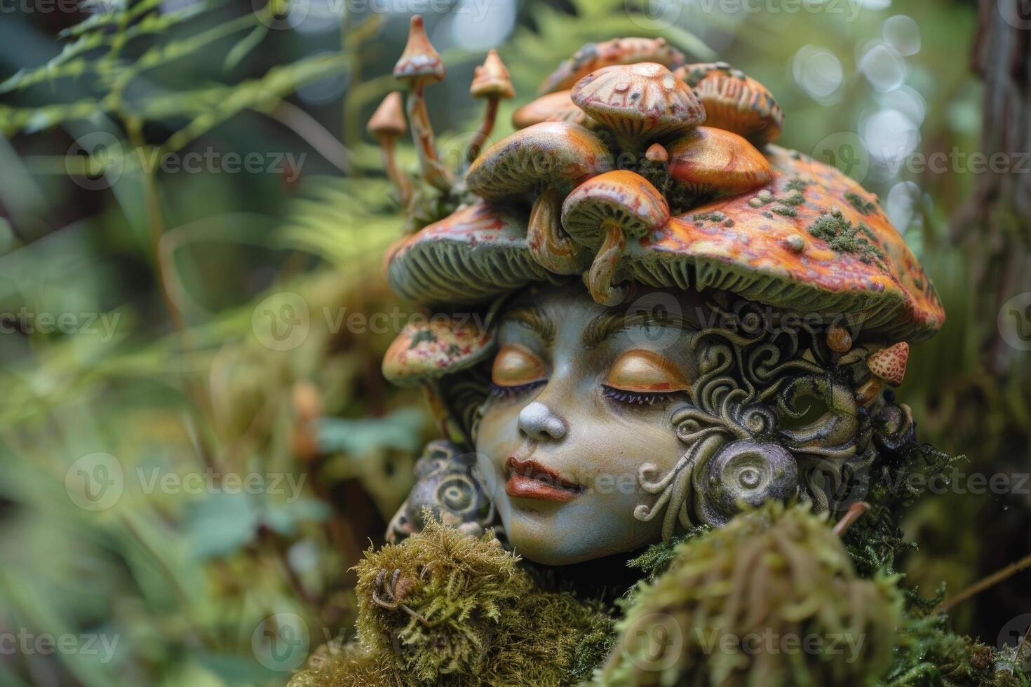 Closeup of a mystical fairy figure with mushroom hat amidst a lush forest background photo