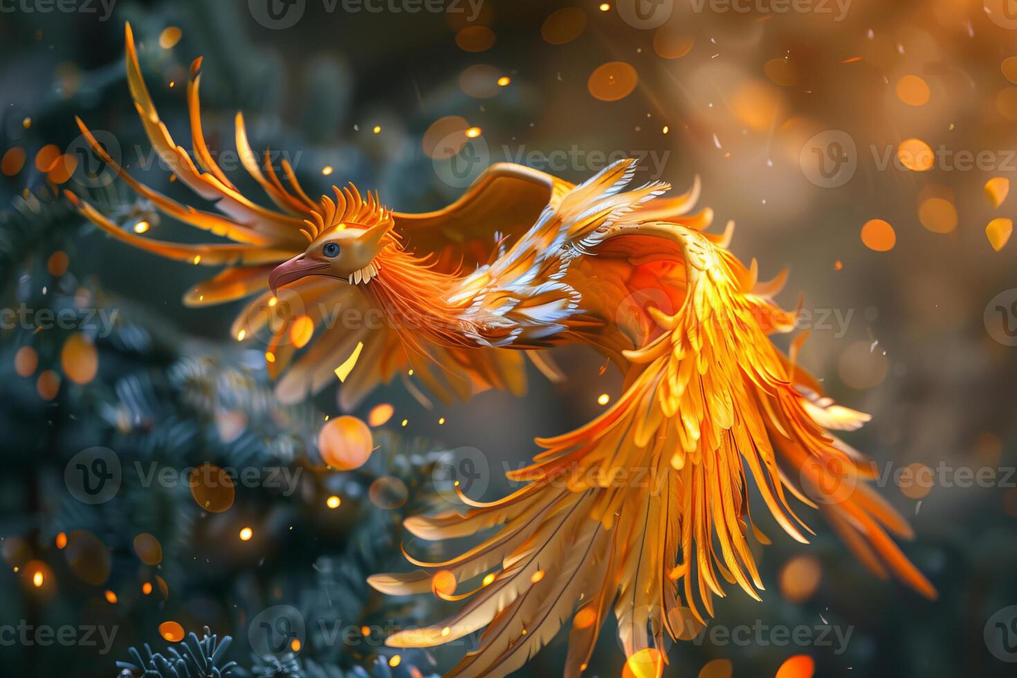 Majestic phoenix in flight amidst twinkling lights photo