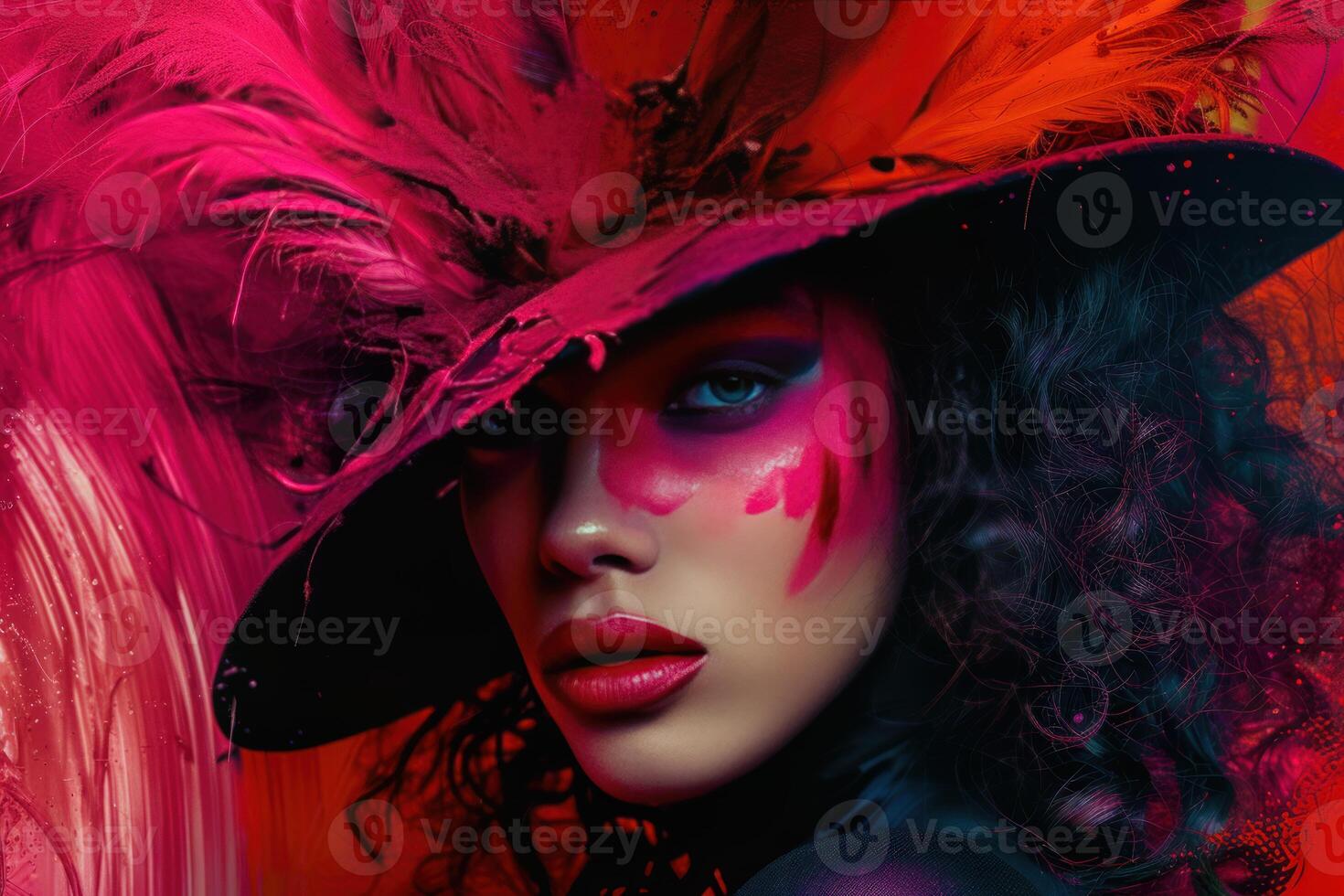Mysterious woman with vibrant feathered hat photo