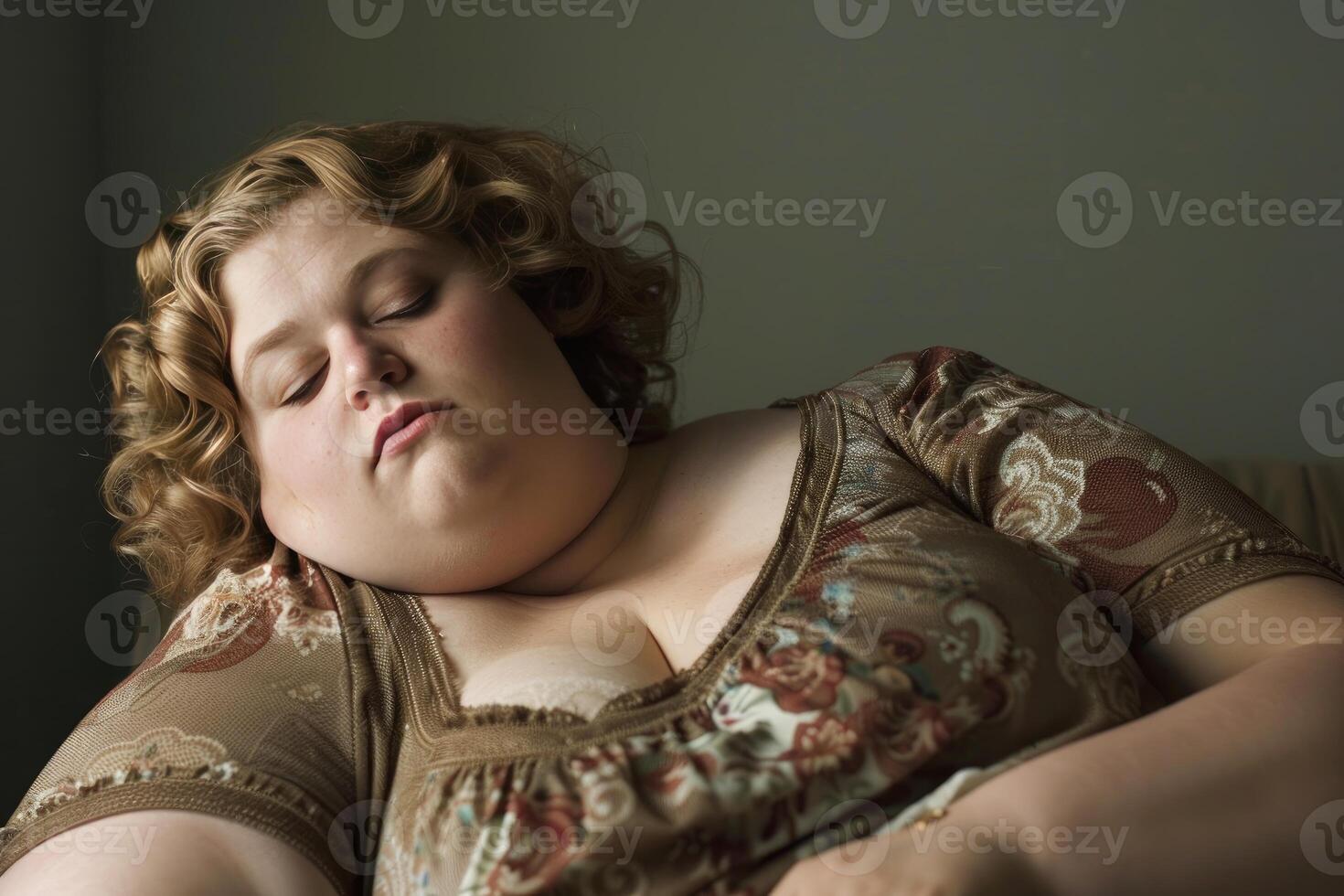 Peaceful plussize woman with closed eyes, resting in a natural pose with beautiful lighting photo