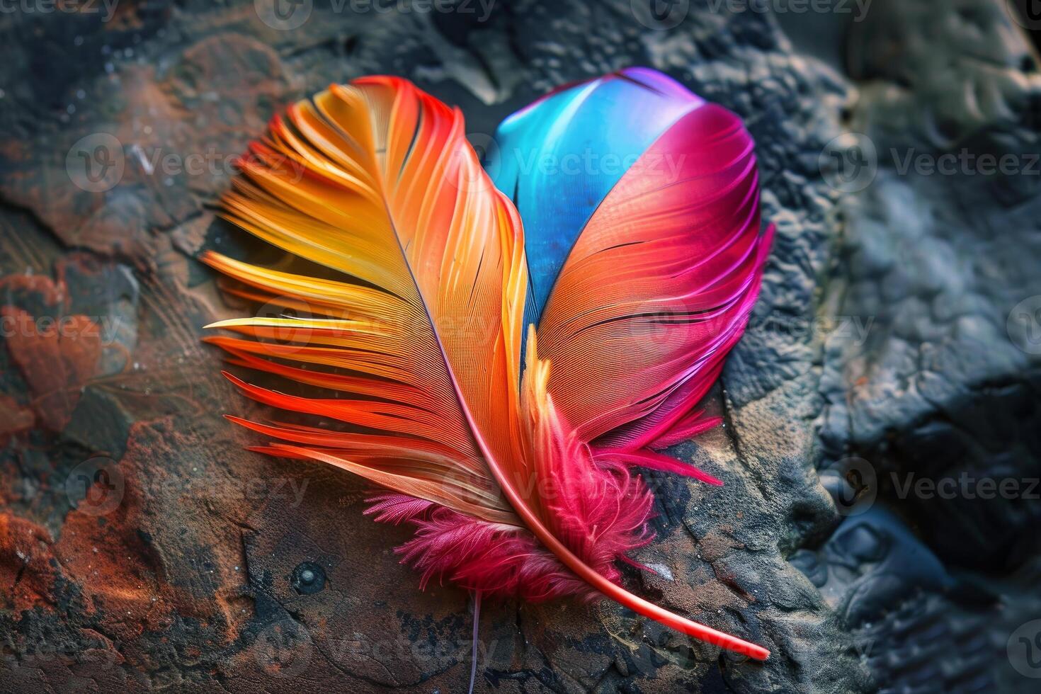 Vibrant multicolored feather on textured background photo