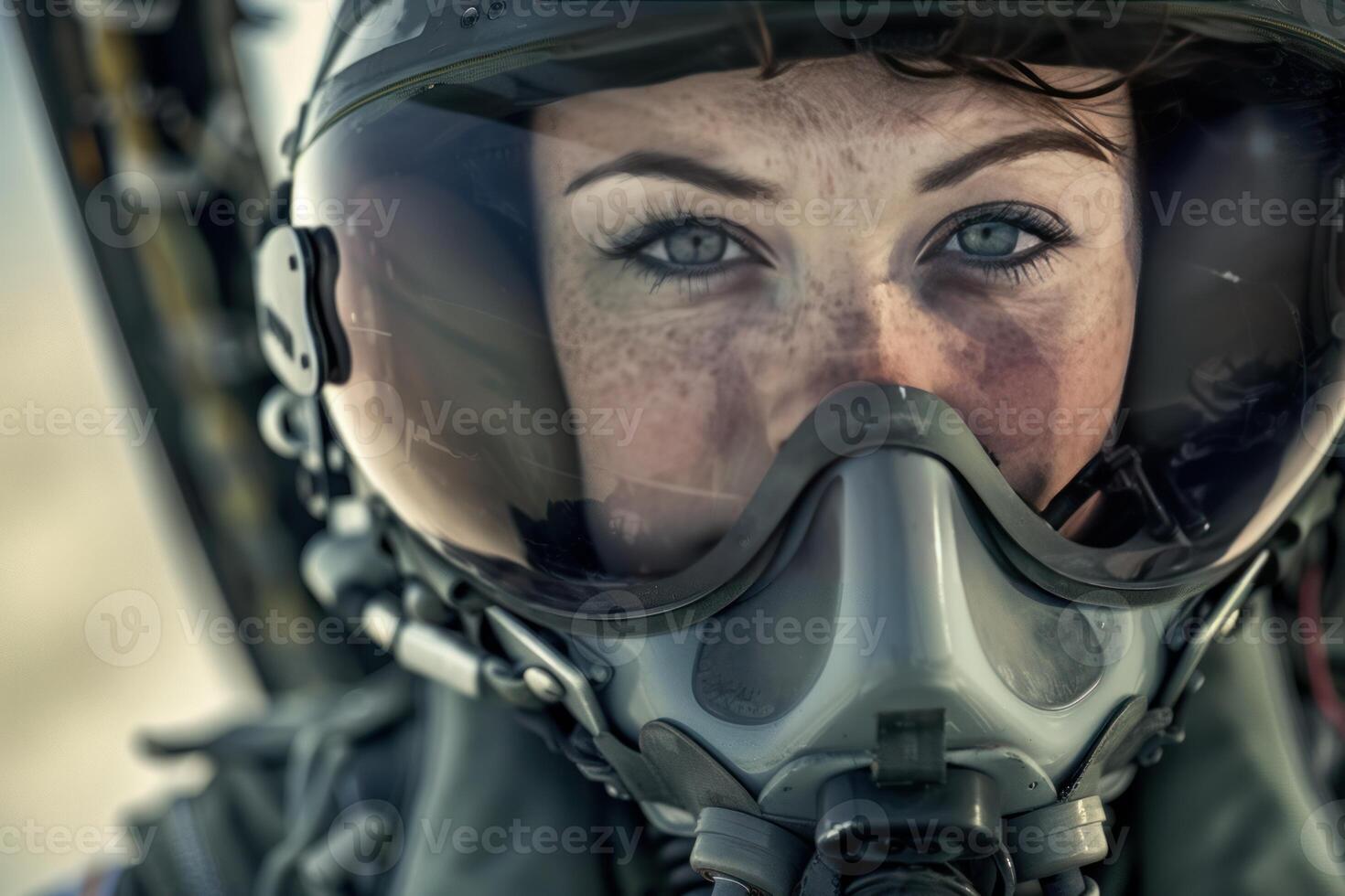 Closeup of female pilot in helmet and oxygen mask photo
