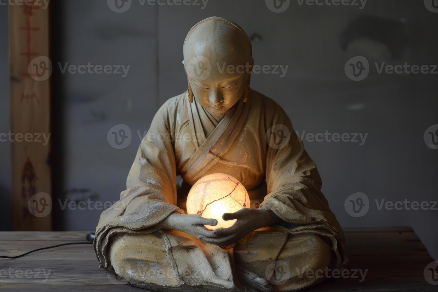 Serene monk statue holding illuminated sphere photo