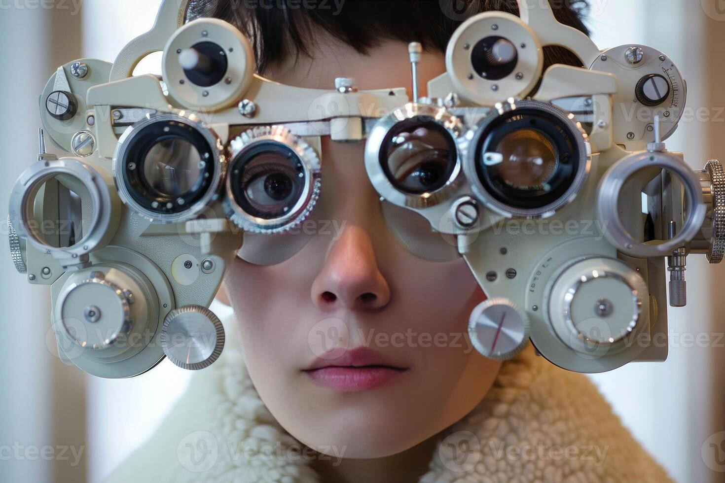 Woman at optometrist wearing phoropter for eye test photo
