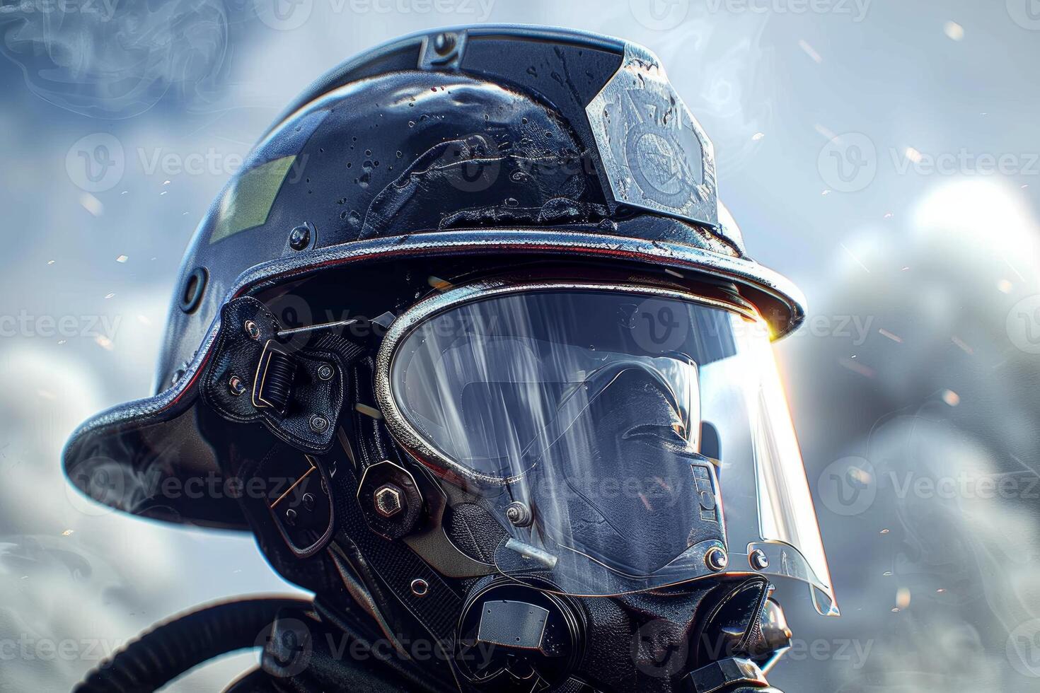 Close up of firefighter helmet against atmospheric backdrop photo