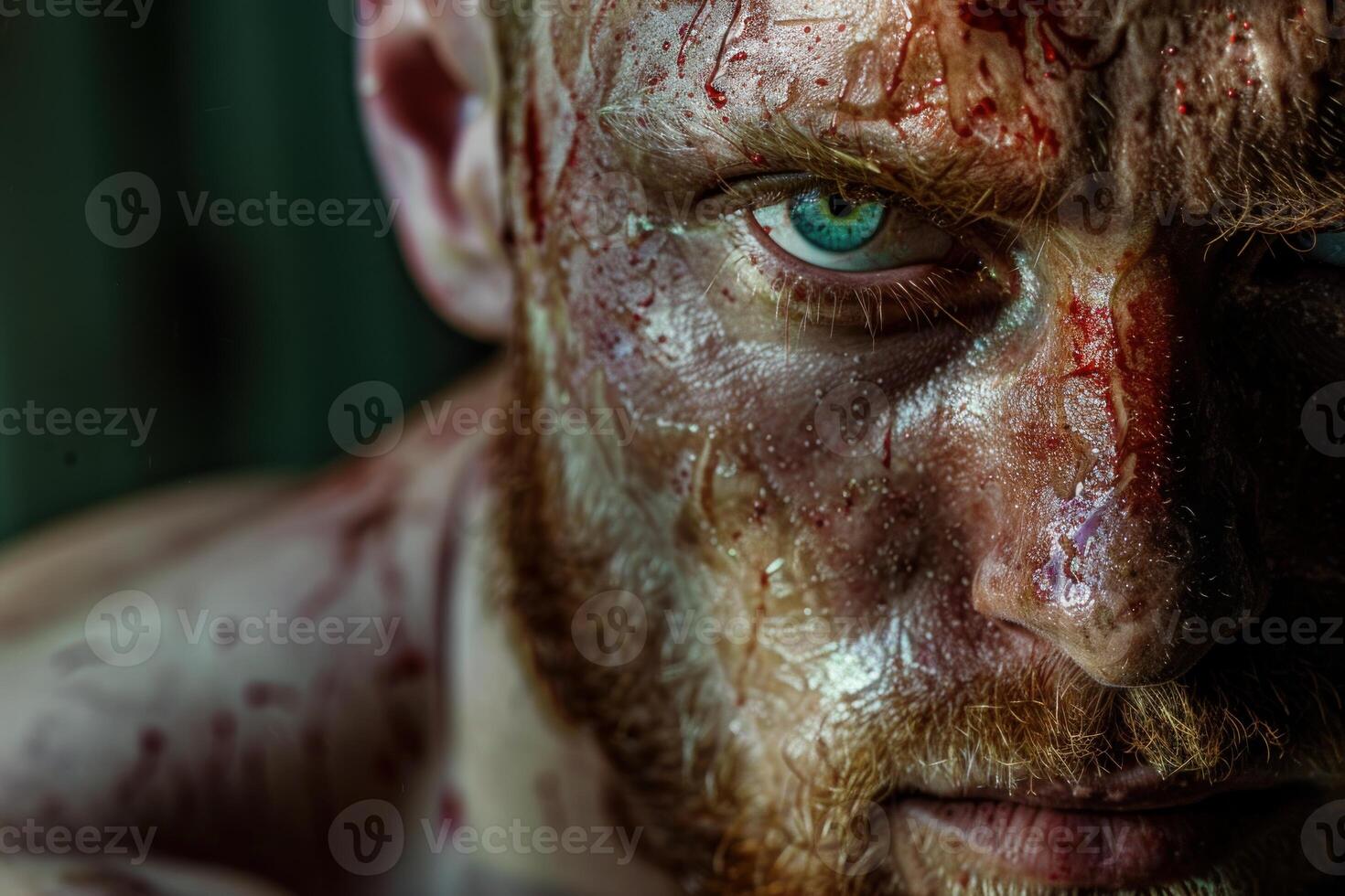 Intense gaze of a man with fake blood makeup photo