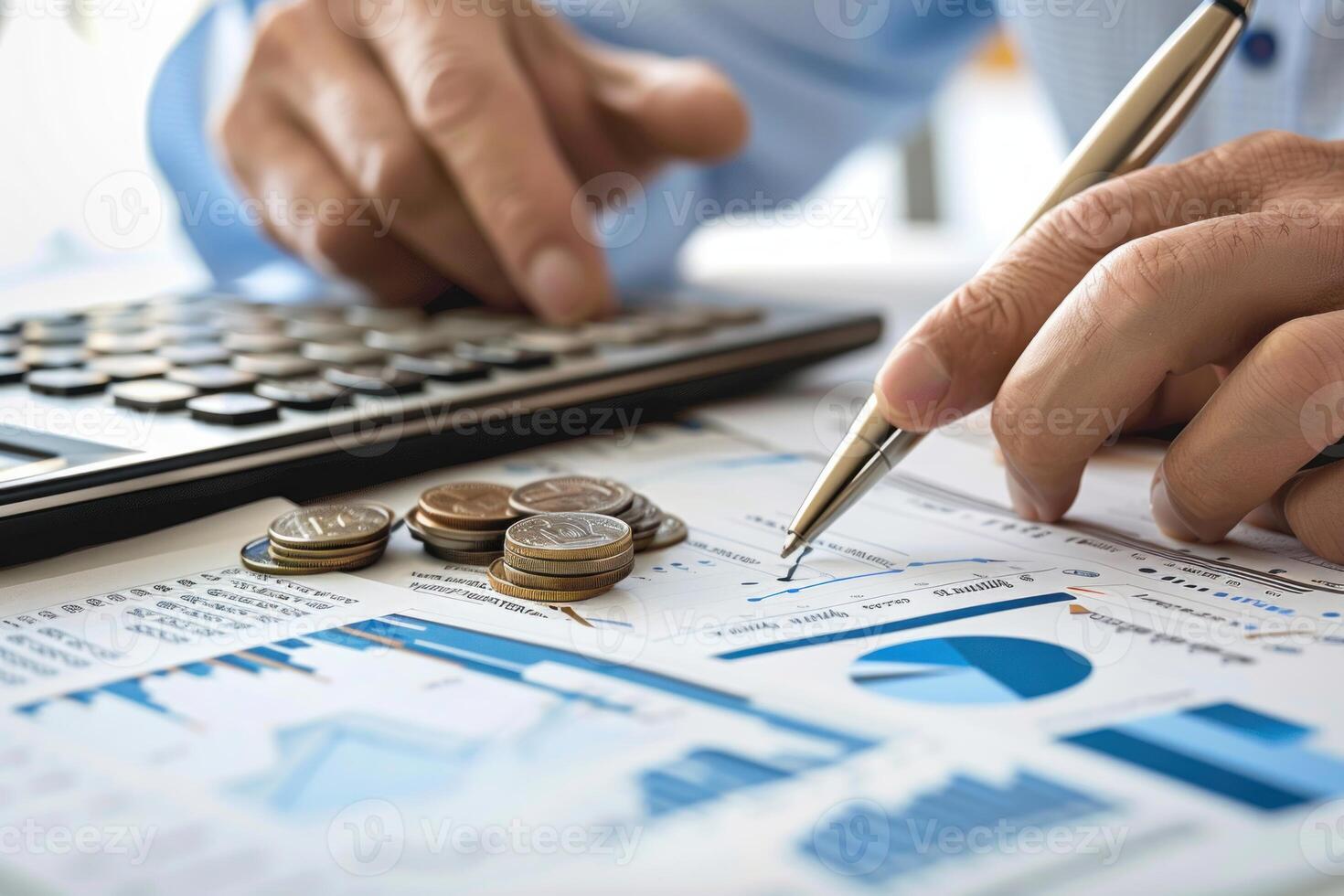 Analyzing financial data on charts with calculator and coins photo
