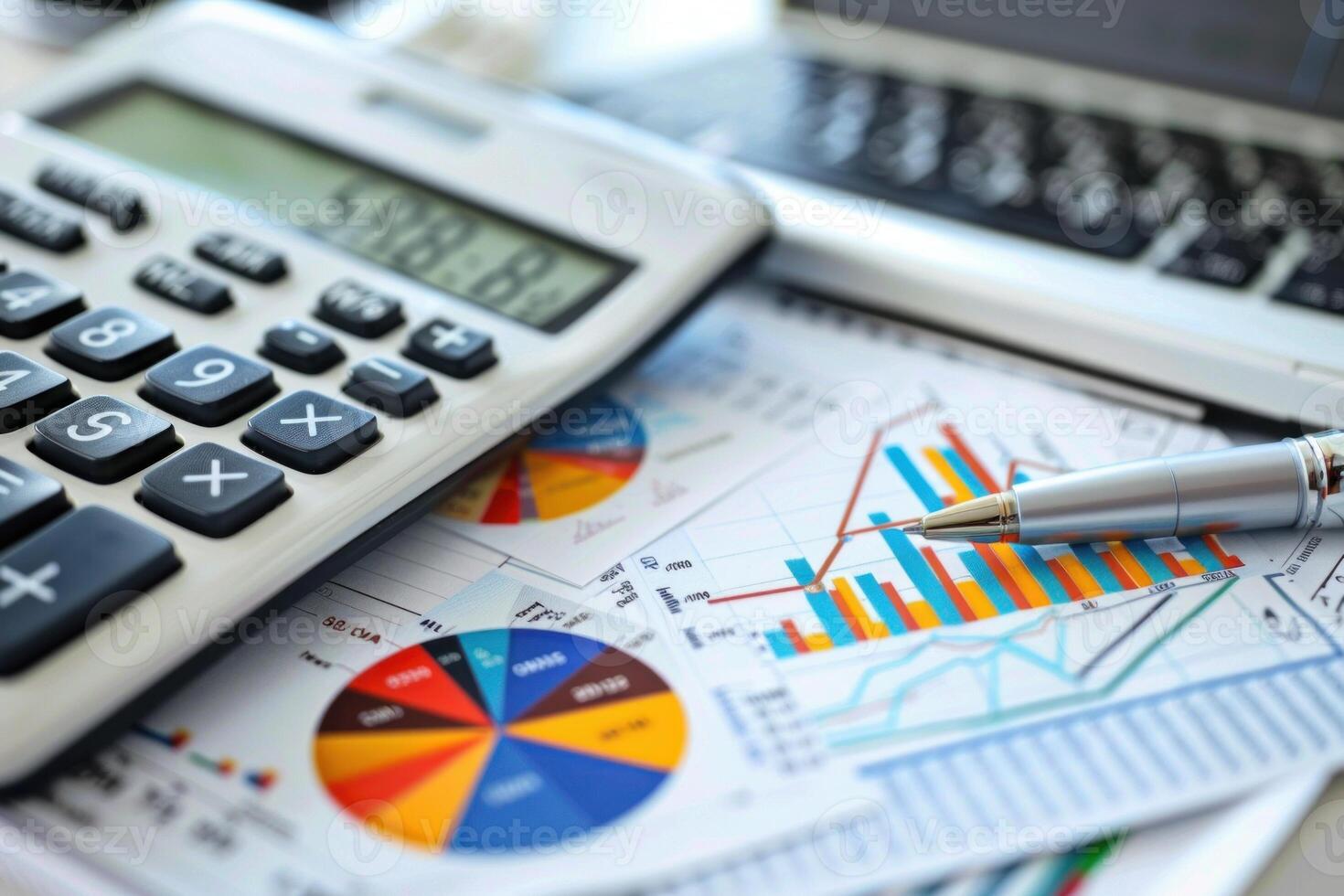 Financial analysis desk with calculator and charts photo