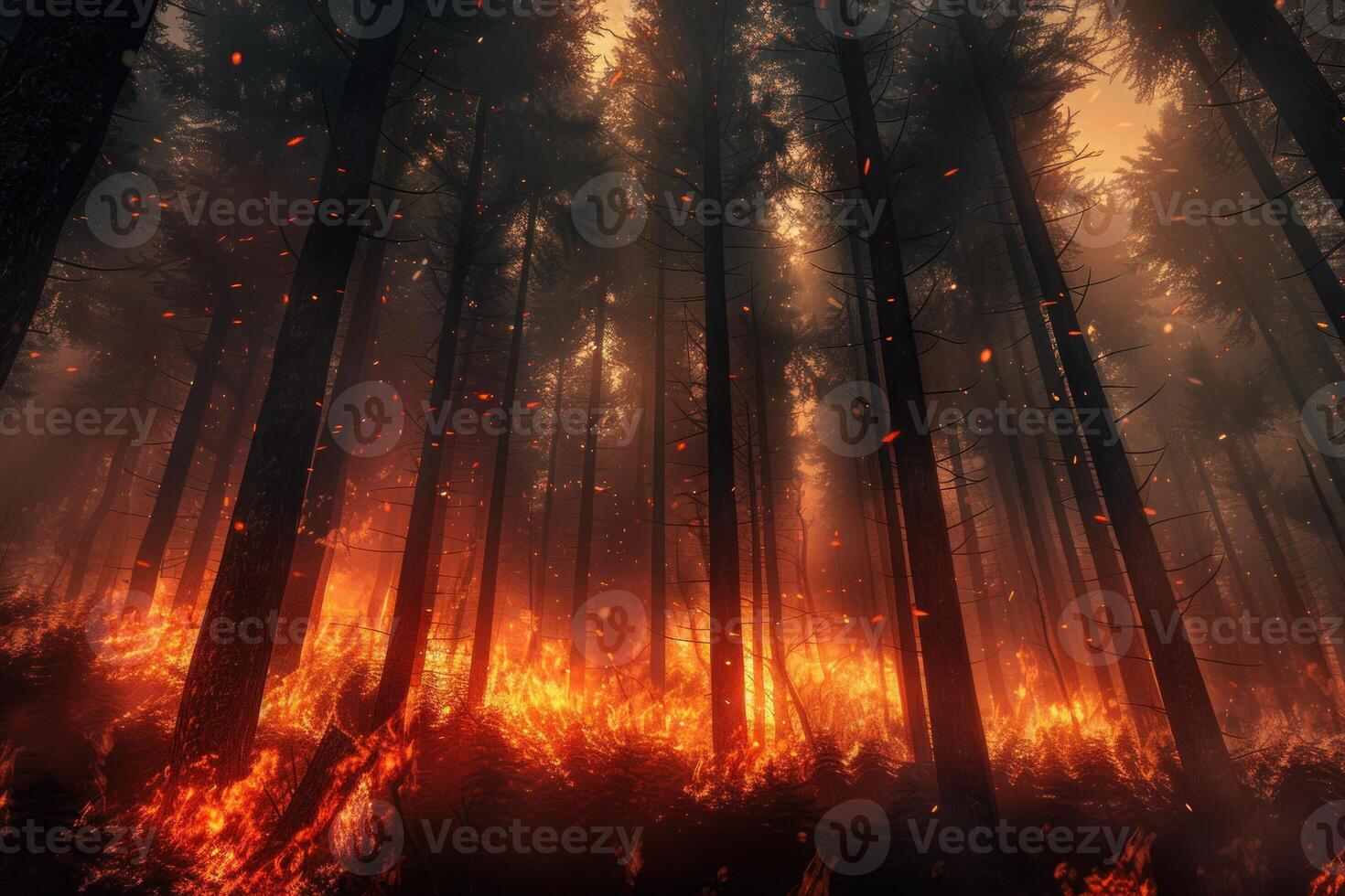 Enigmatic forest fire at dusk photo