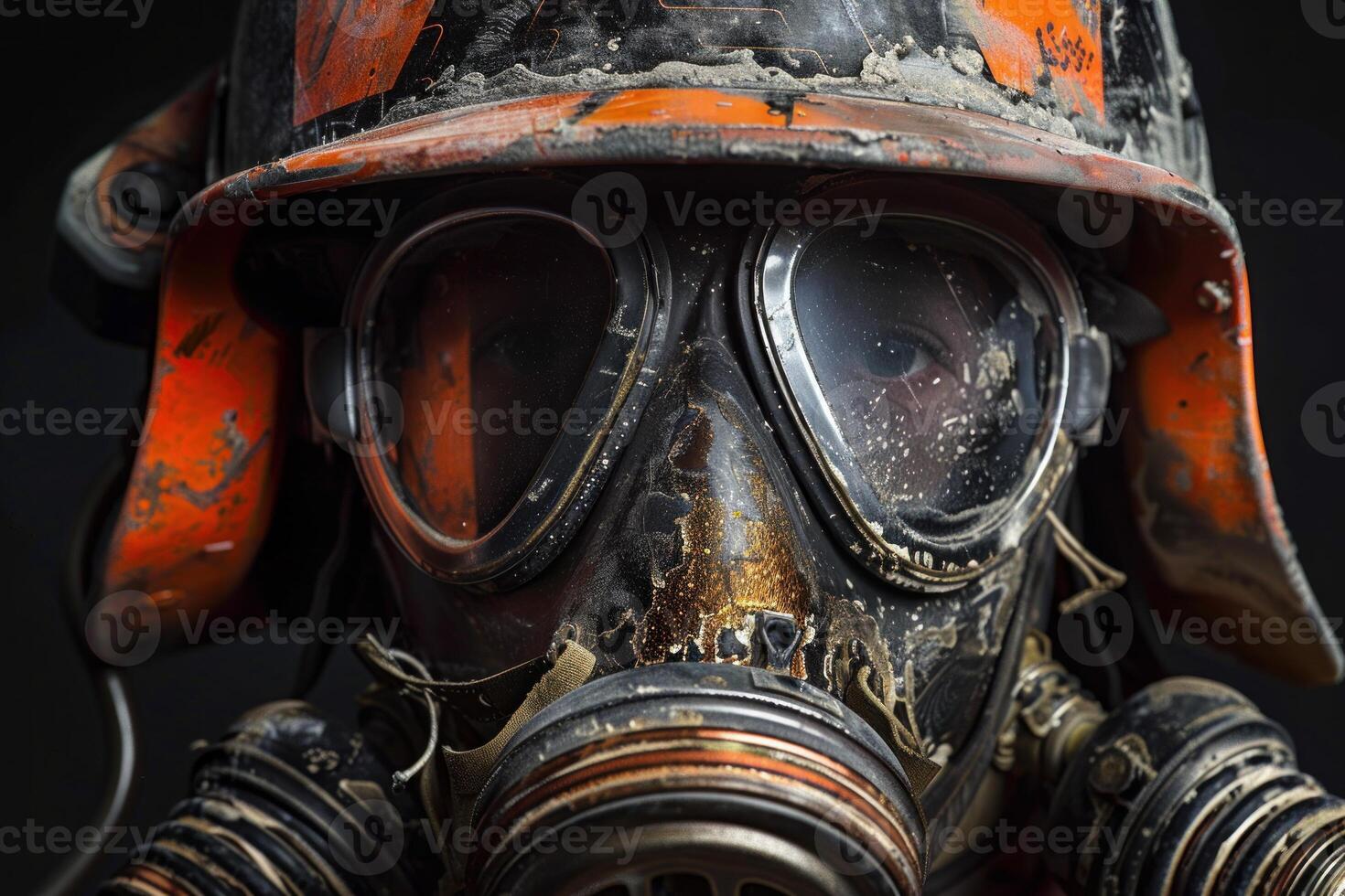 Close up portrait of a vintage firefighter's helmet and mask photo