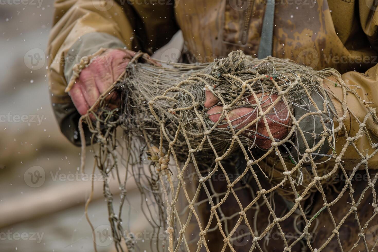 Close up of a fisherman's hands mending a fishing net, with meticulous care and skill photo