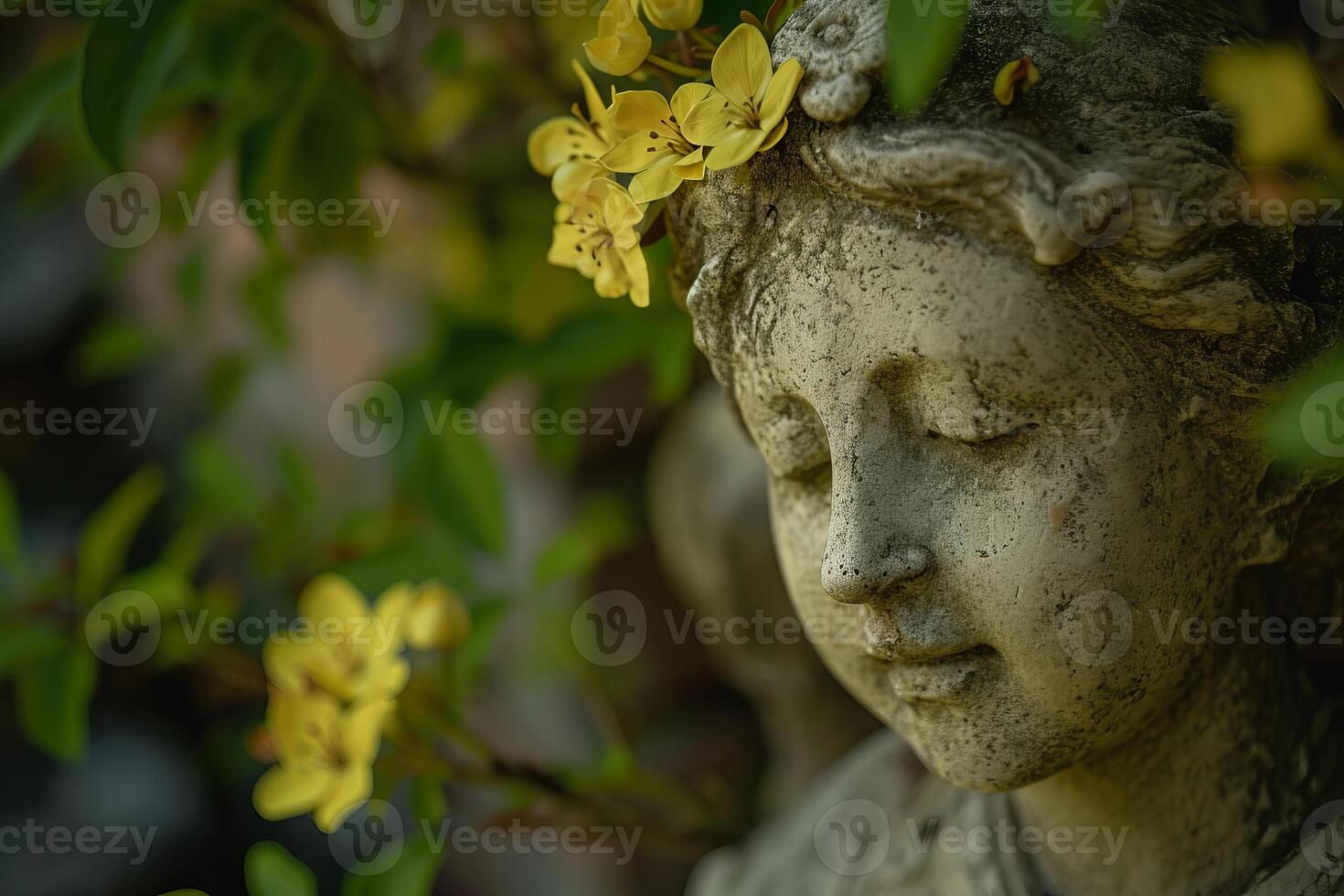 Serene garden statue amidst yellow flowers photo