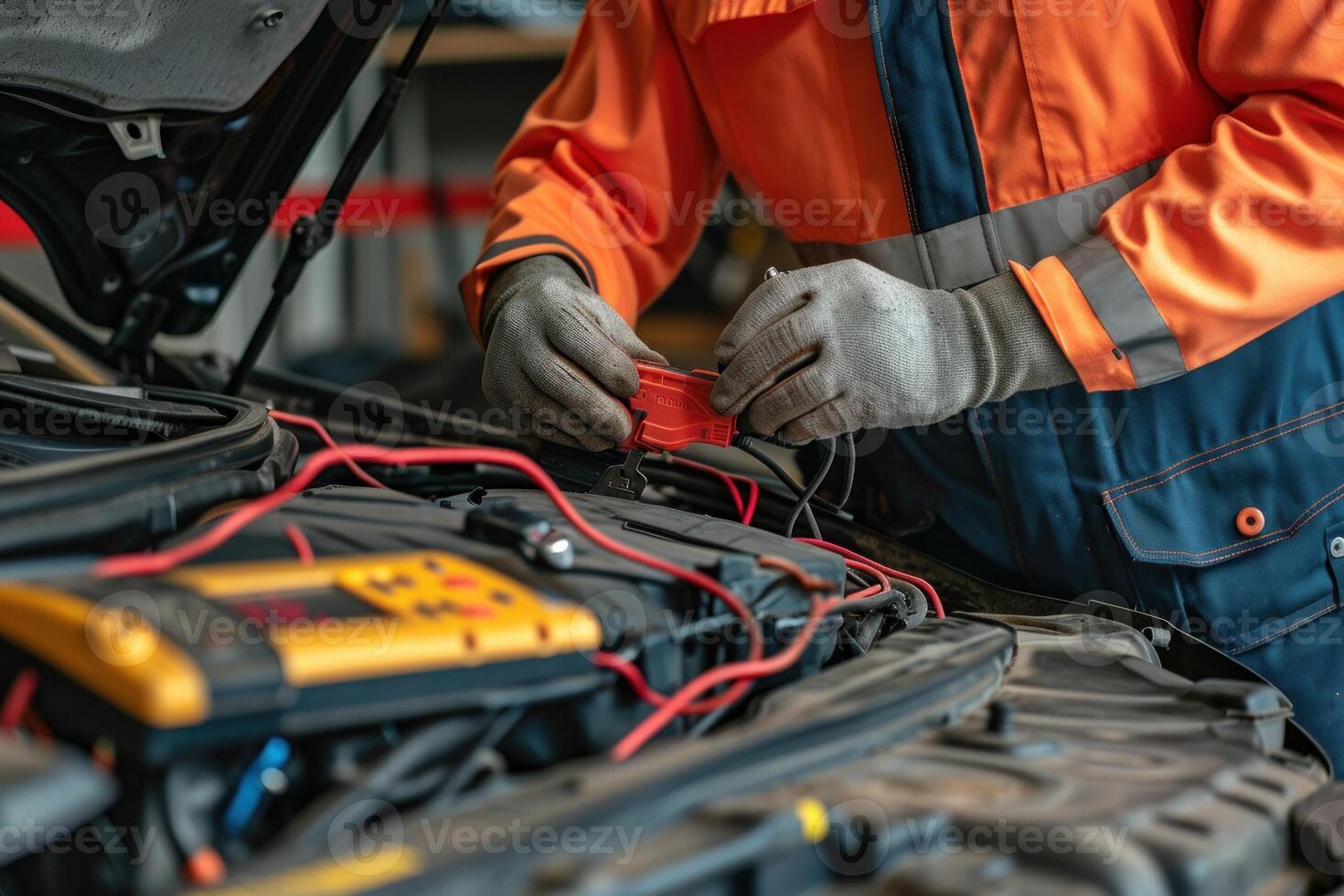 Mechanic testing car battery with multimeter photo