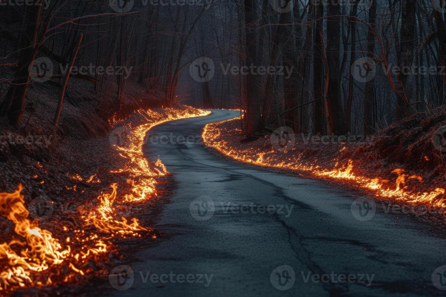 Fiery path through a twilight forest photo