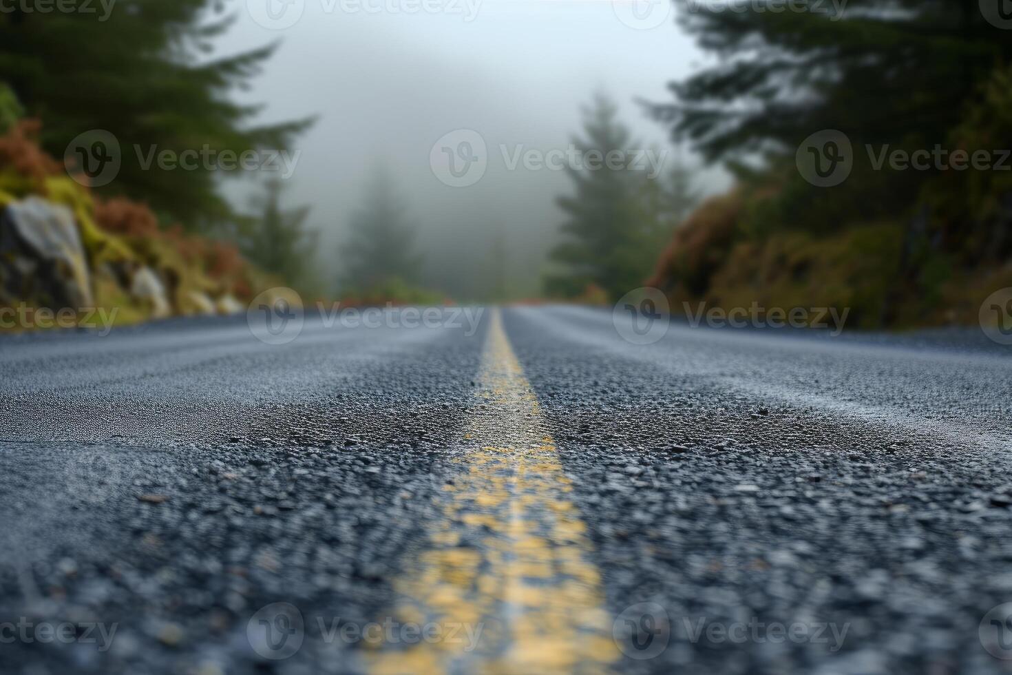 Misty forest road with close-up asphalt texture photo