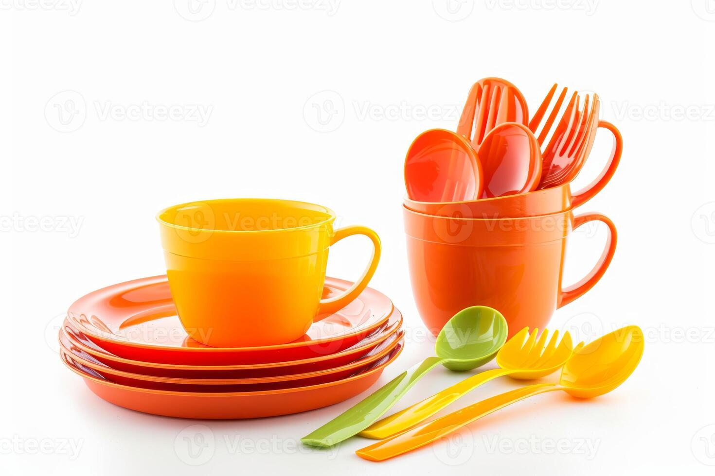 Colorful tableware set on white background photo