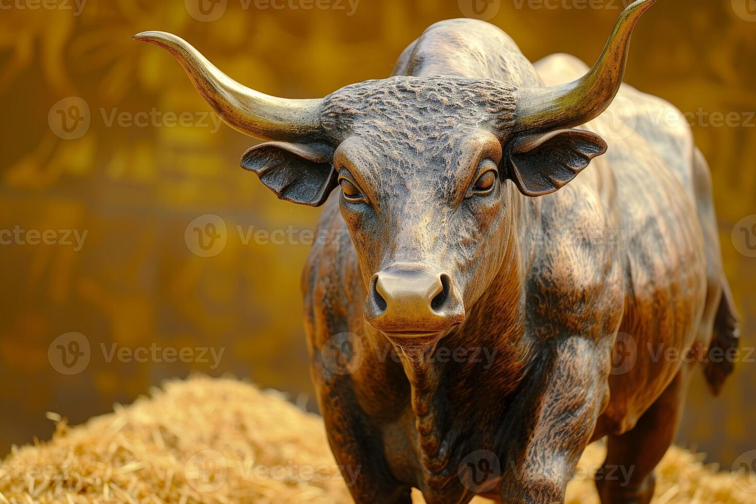 Close-up of a bronze statue of a bull with impressive horns on a warm golden background photo