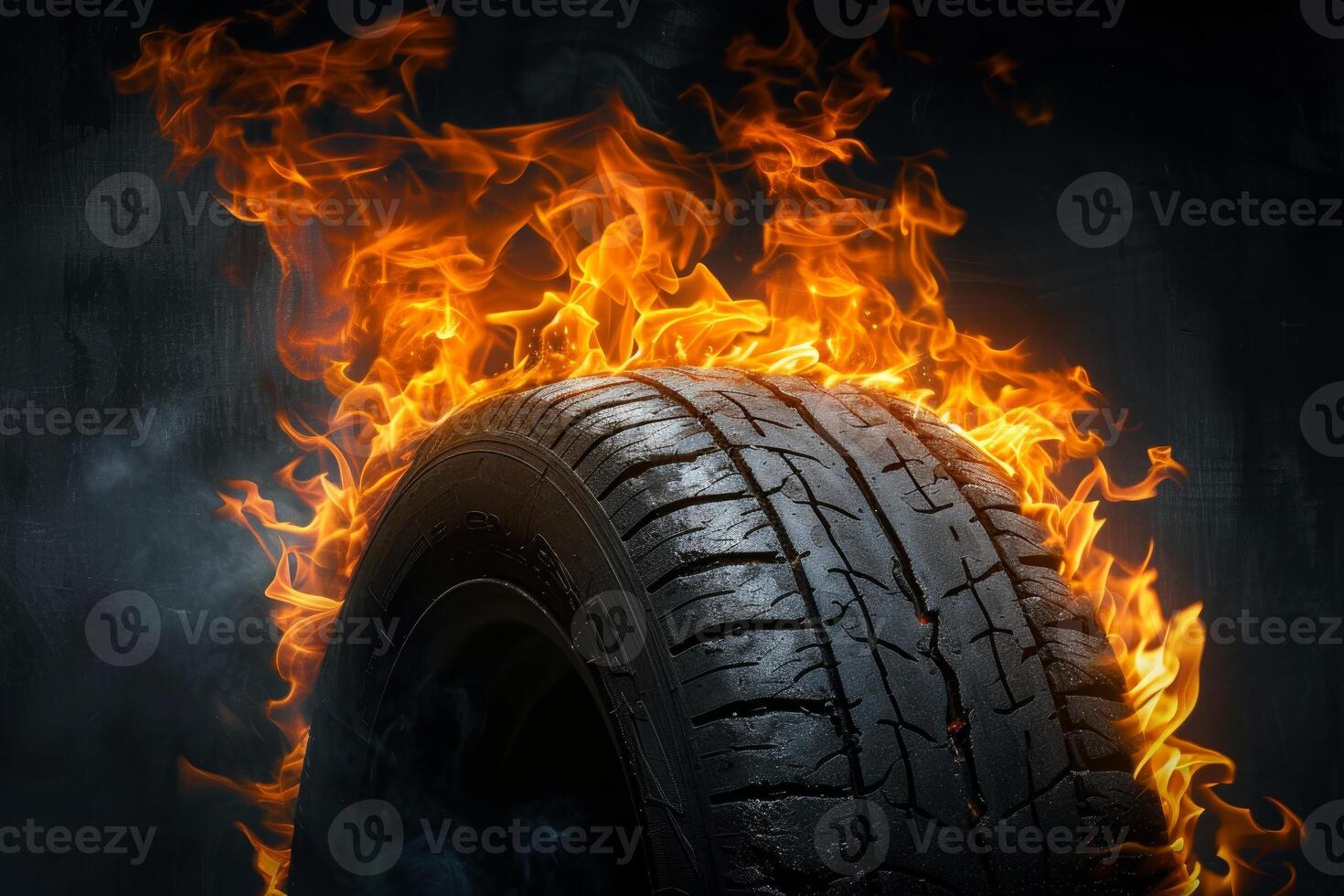 Burning tire with intense flames on dark background photo