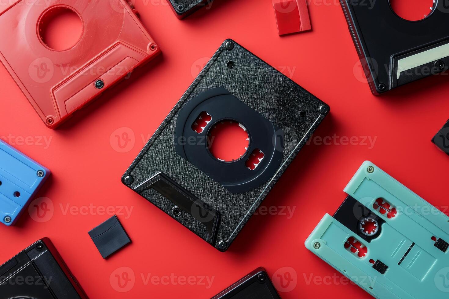 Vintage floppy disks on red background photo
