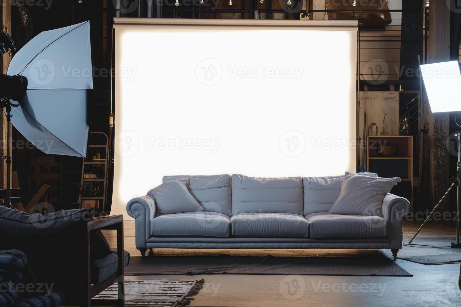 Professional photo studio with light setup and sofa