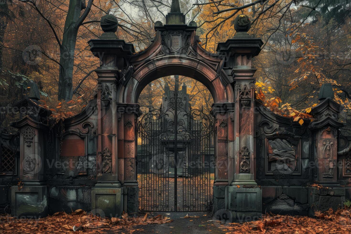 Mysterious autumn gate in a foggy forest photo