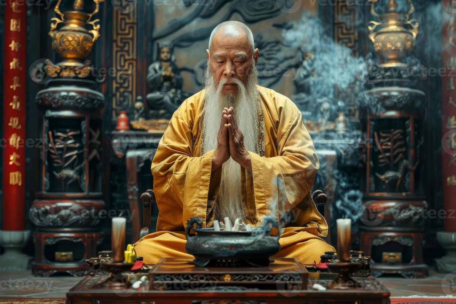 Serene monk in meditation at a temple photo