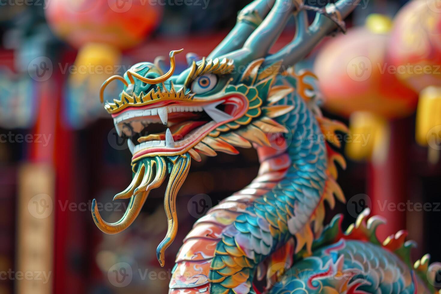 Vividly painted chinese dragon sculpture with intricate details, set against a blurred background of lanterns photo
