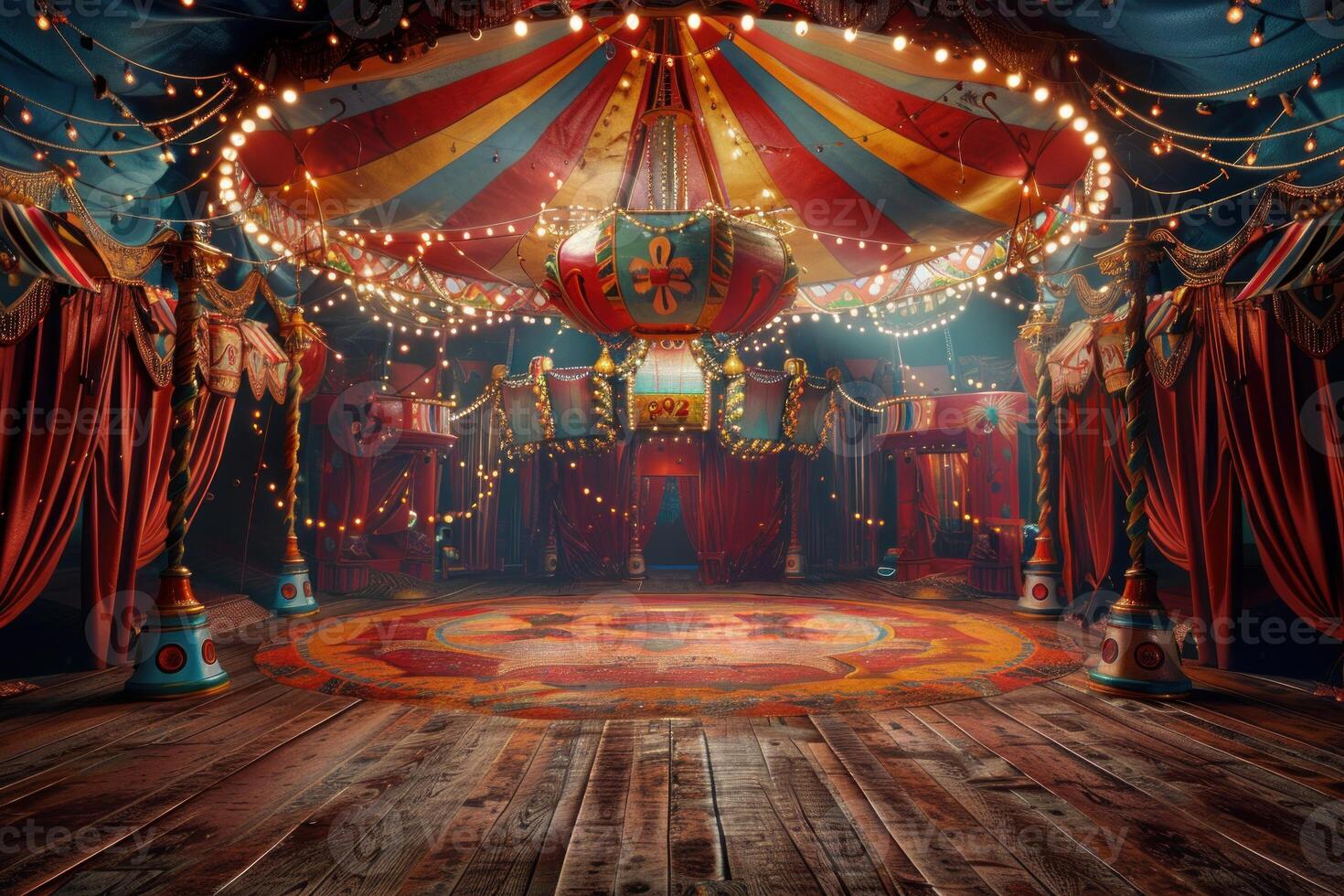 Enchanting vintage circus tent interior with lights photo