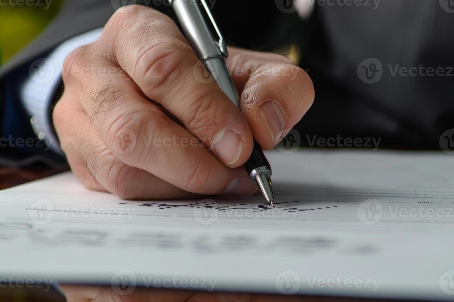 Closeup image showing a businessman's hand signing a legal document photo