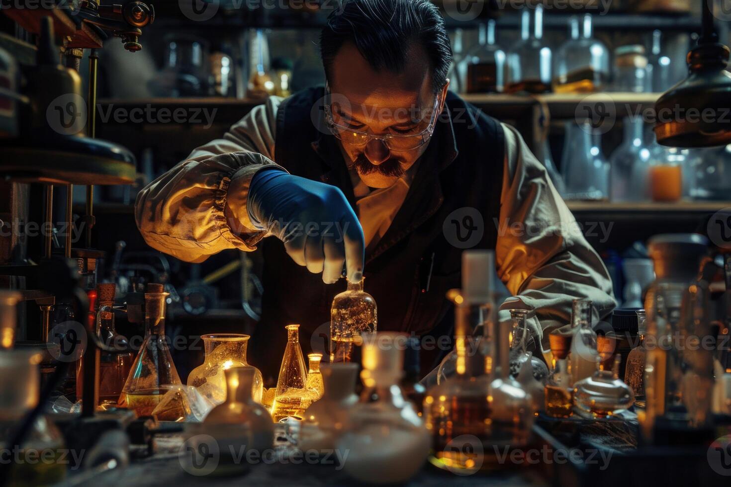 Alchemist in his laboratory conducting experiments photo