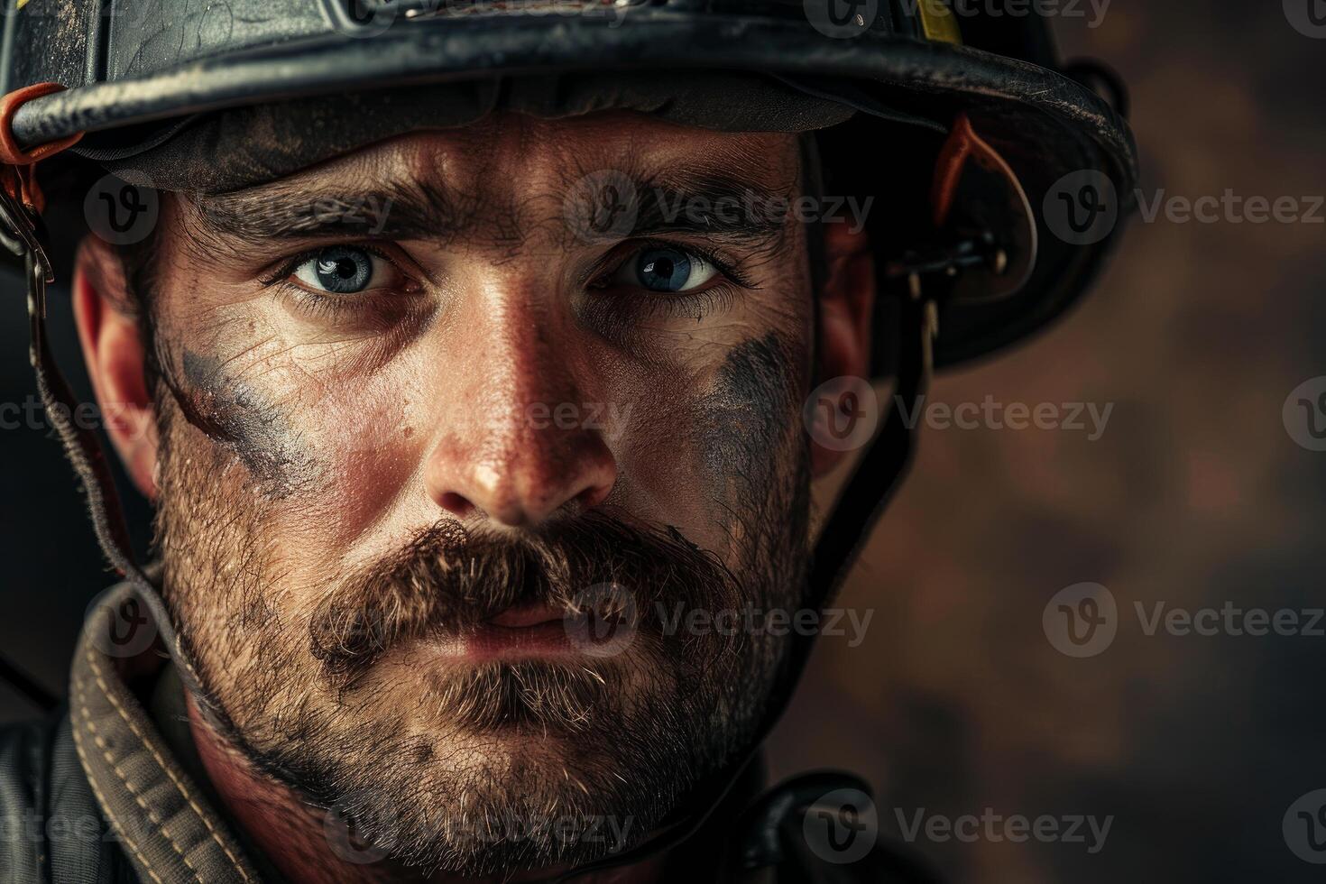 Closeup of a sootcovered firefighter with a determined expression photo