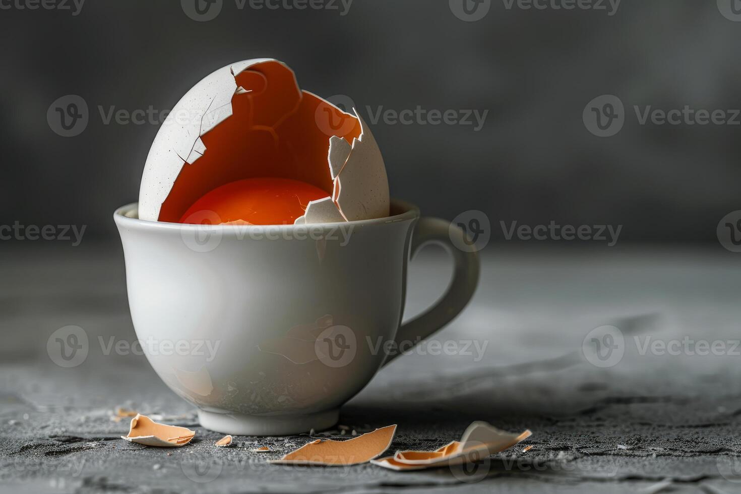Broken egg in white cup with shells photo