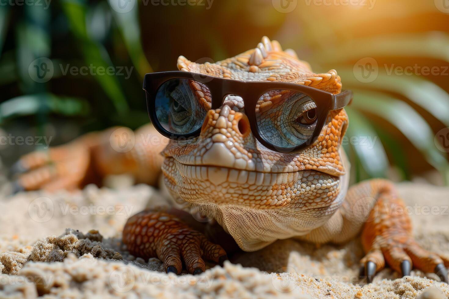 Stylish bearded dragon in sunglasses on sand photo