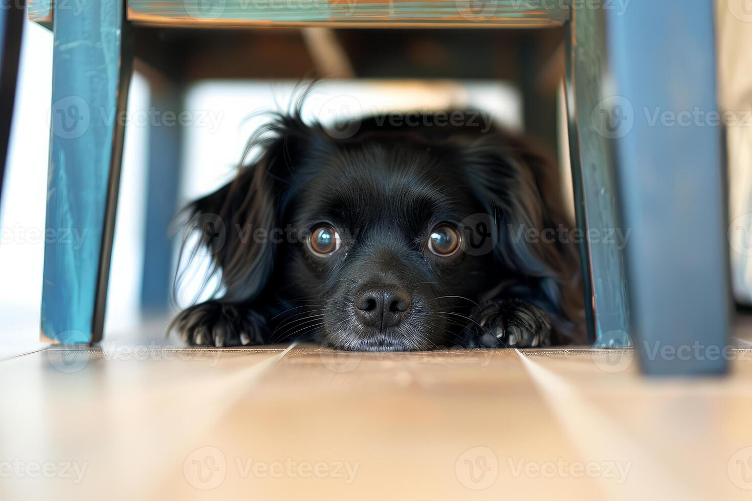 Curious puppy peeking from under table photo