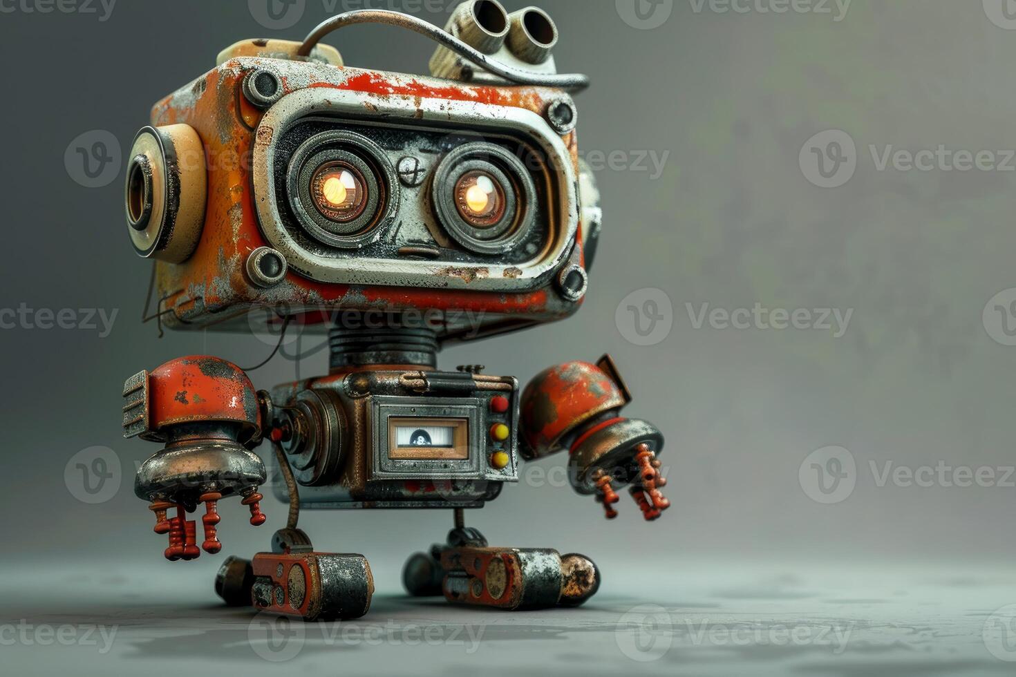 Rustic retro robot on gray background photo