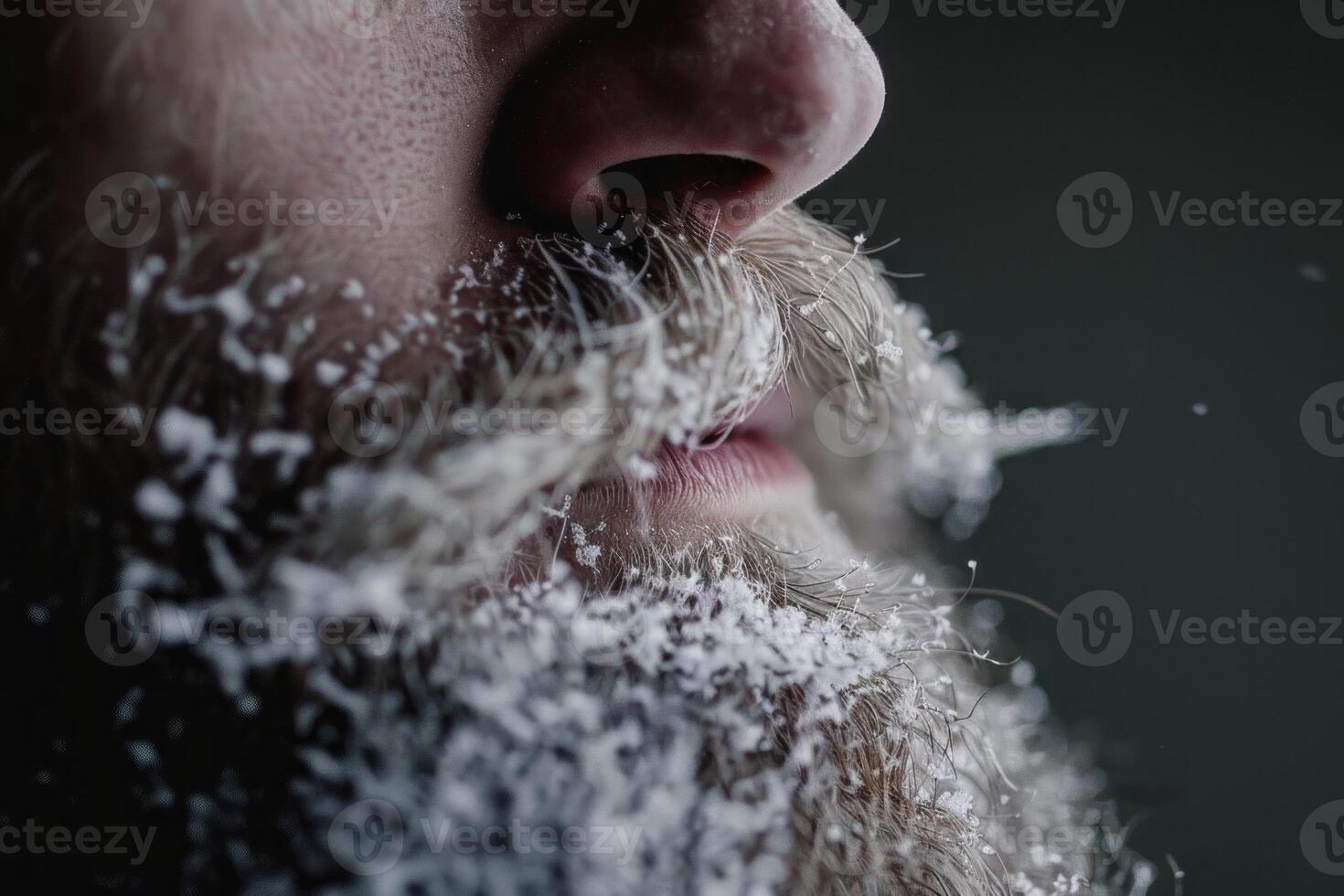 Detailed image of a man's beard covered with ice and snowflakes photo