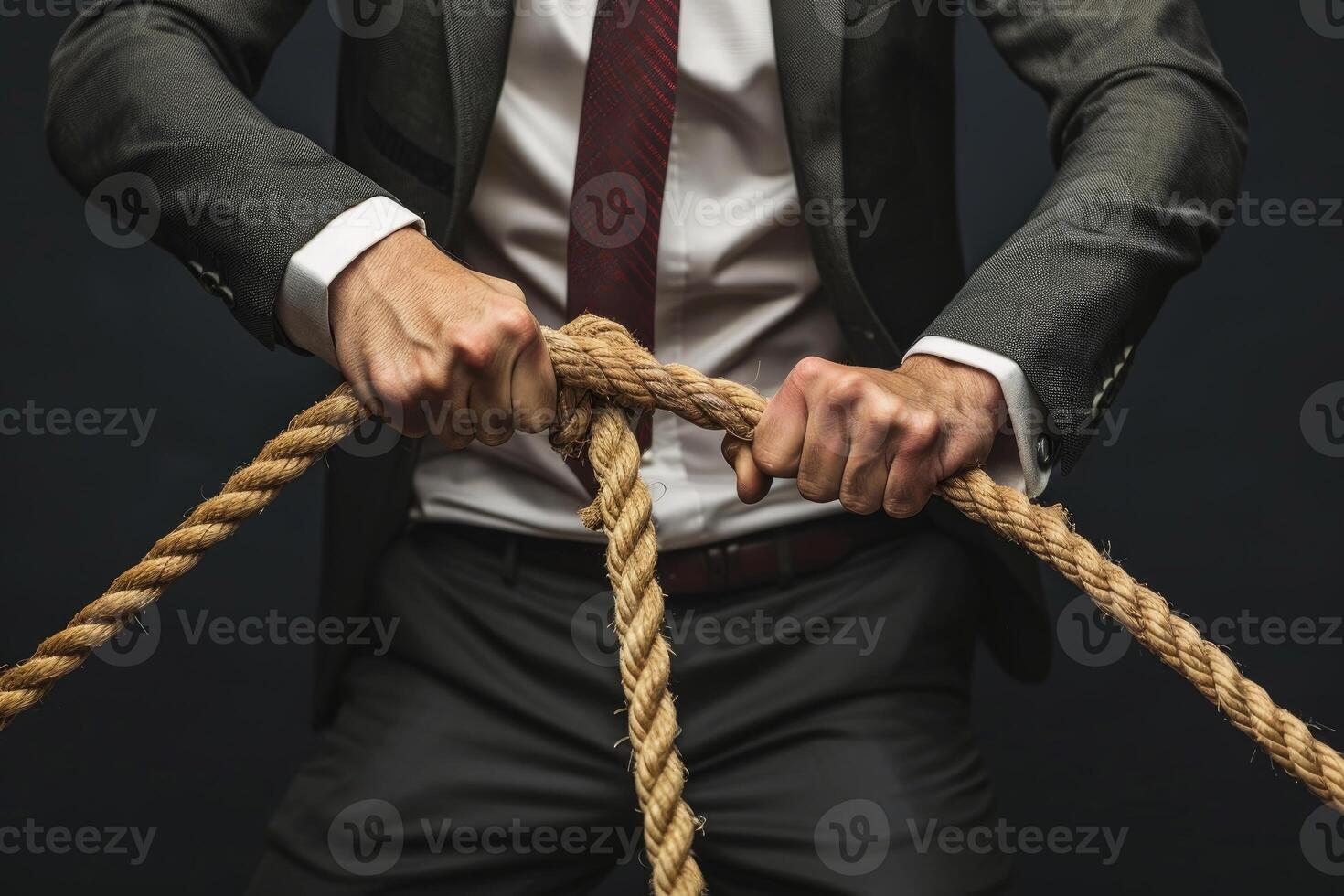 Determined businessman pulling rope in tug of war photo