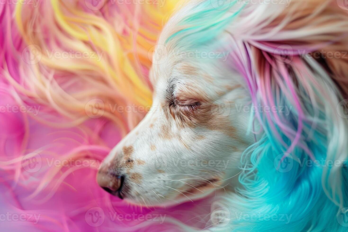 Closeup of a dog with vibrant dyed fur resting peacefully photo