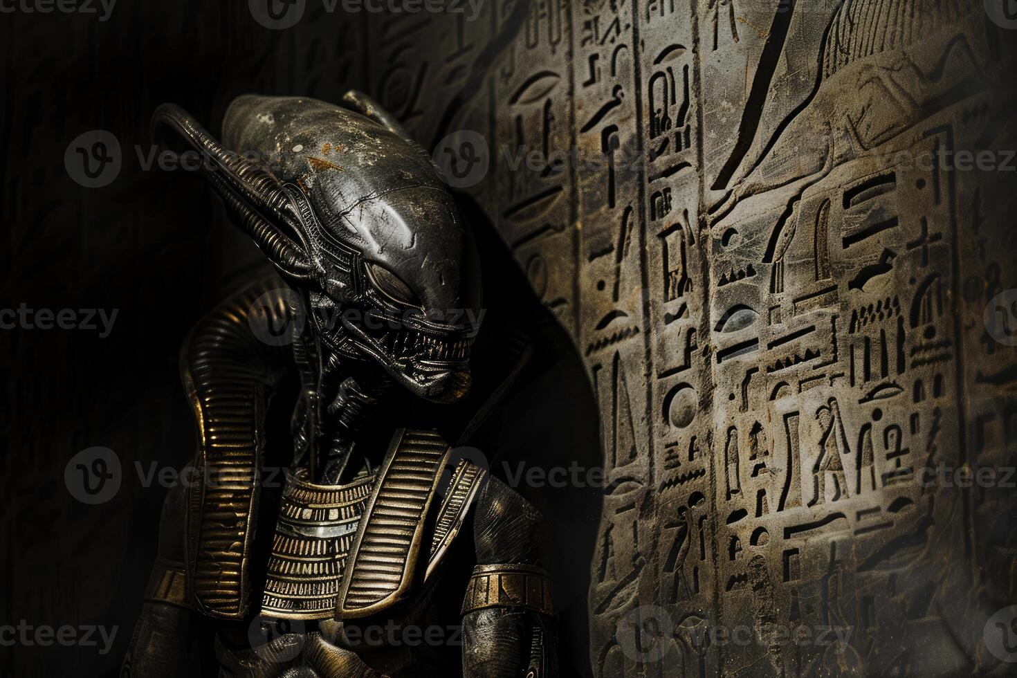 Ancient predator, scifi warrior in egyptian hieroglyphs background photo