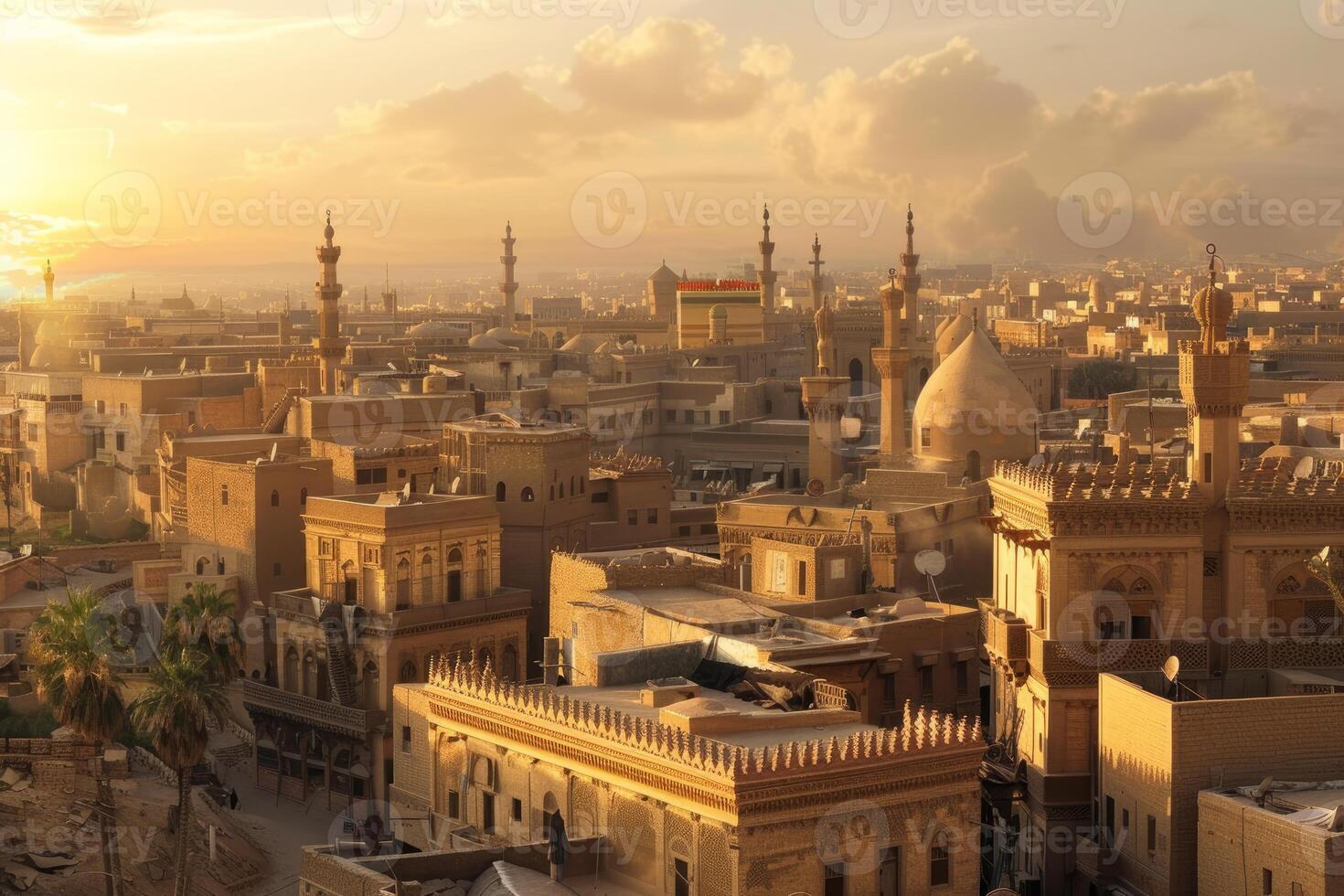 Golden sunset over middle eastern cityscape photo