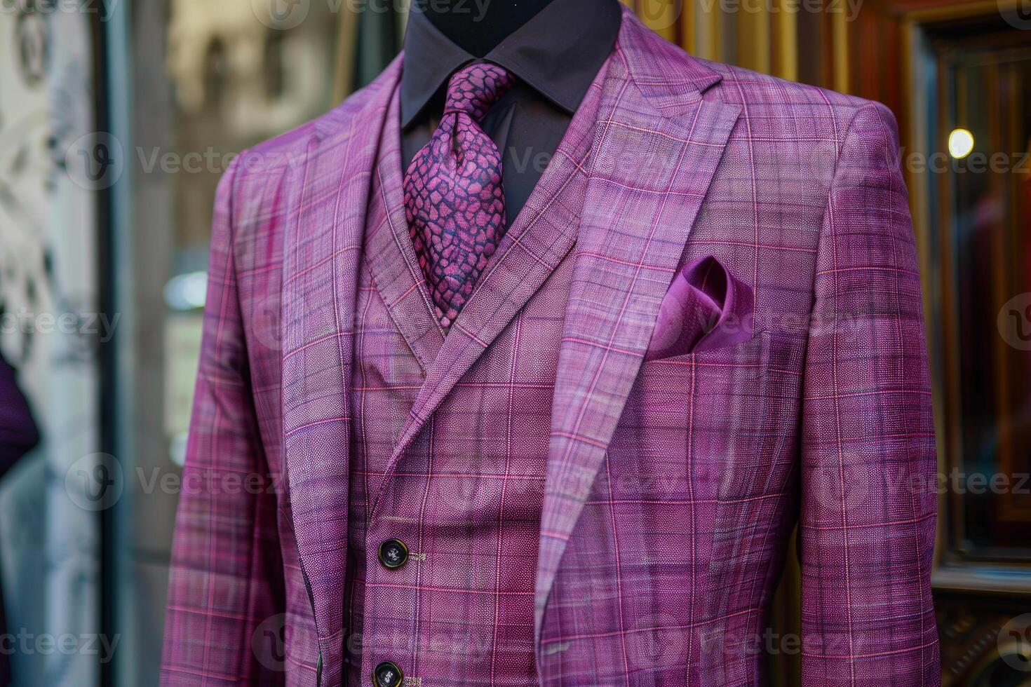 Elegant pink checkered suit display in storefront photo