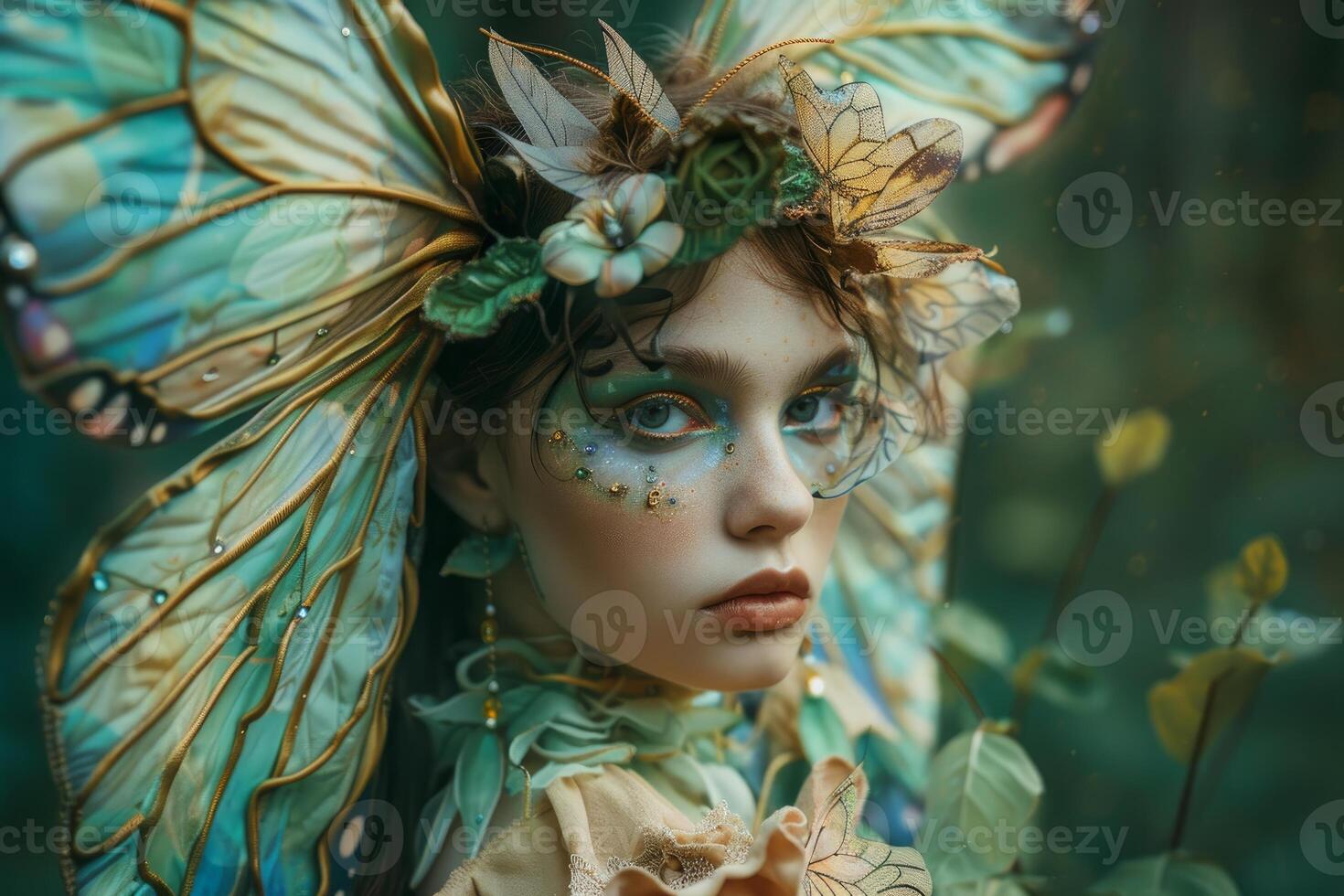 Ethereal portrait of a young woman adorned in whimsical fairy attire amidst a mystical forest setting photo
