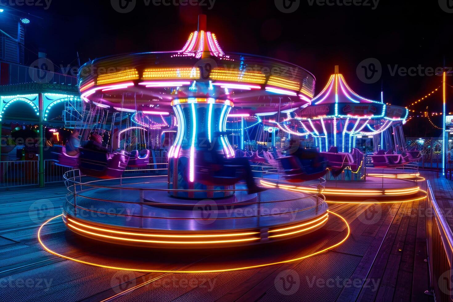 Neon lights of carousel in motion at night photo