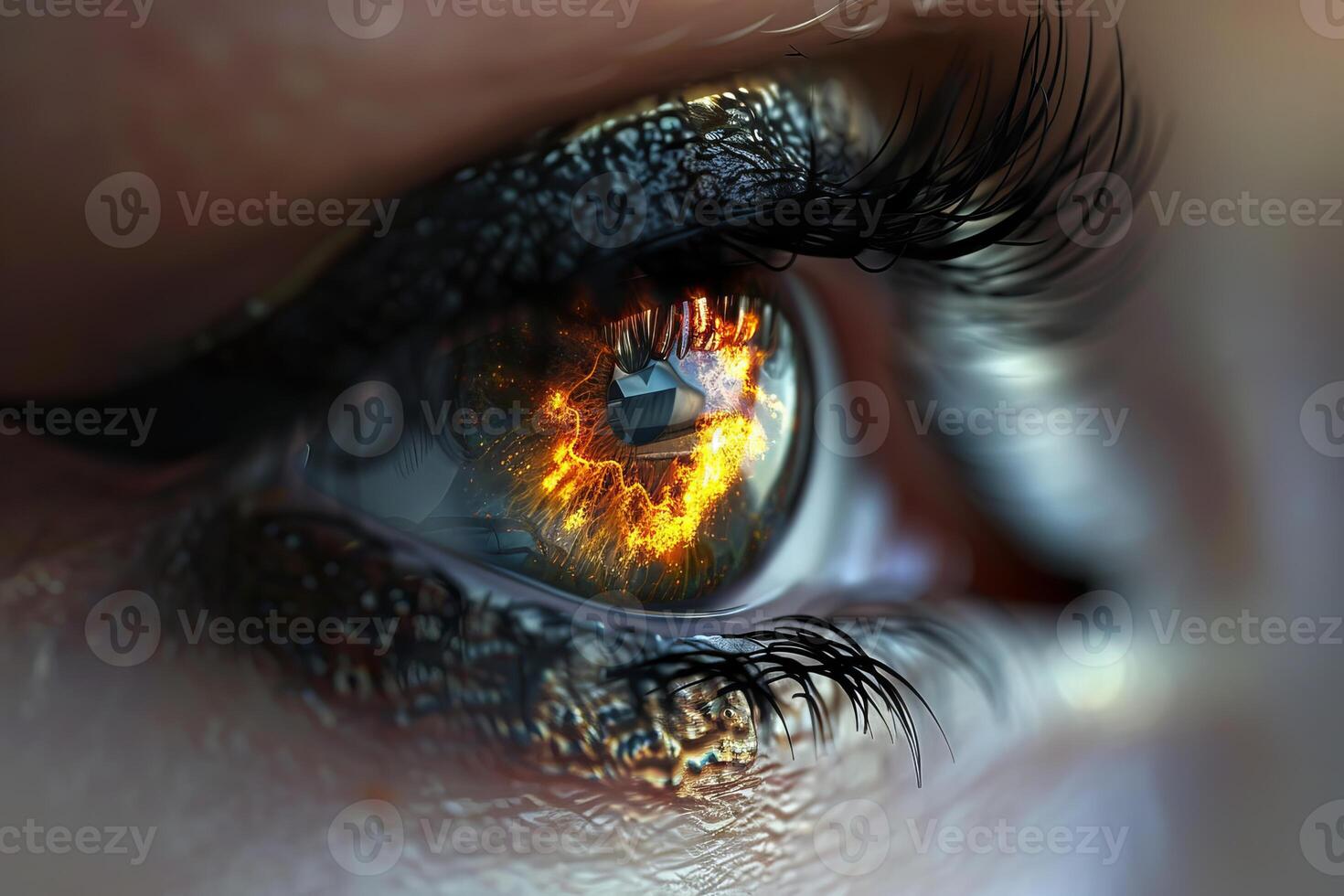 Fiery vision, closeup of an eye with explosive reflection photo
