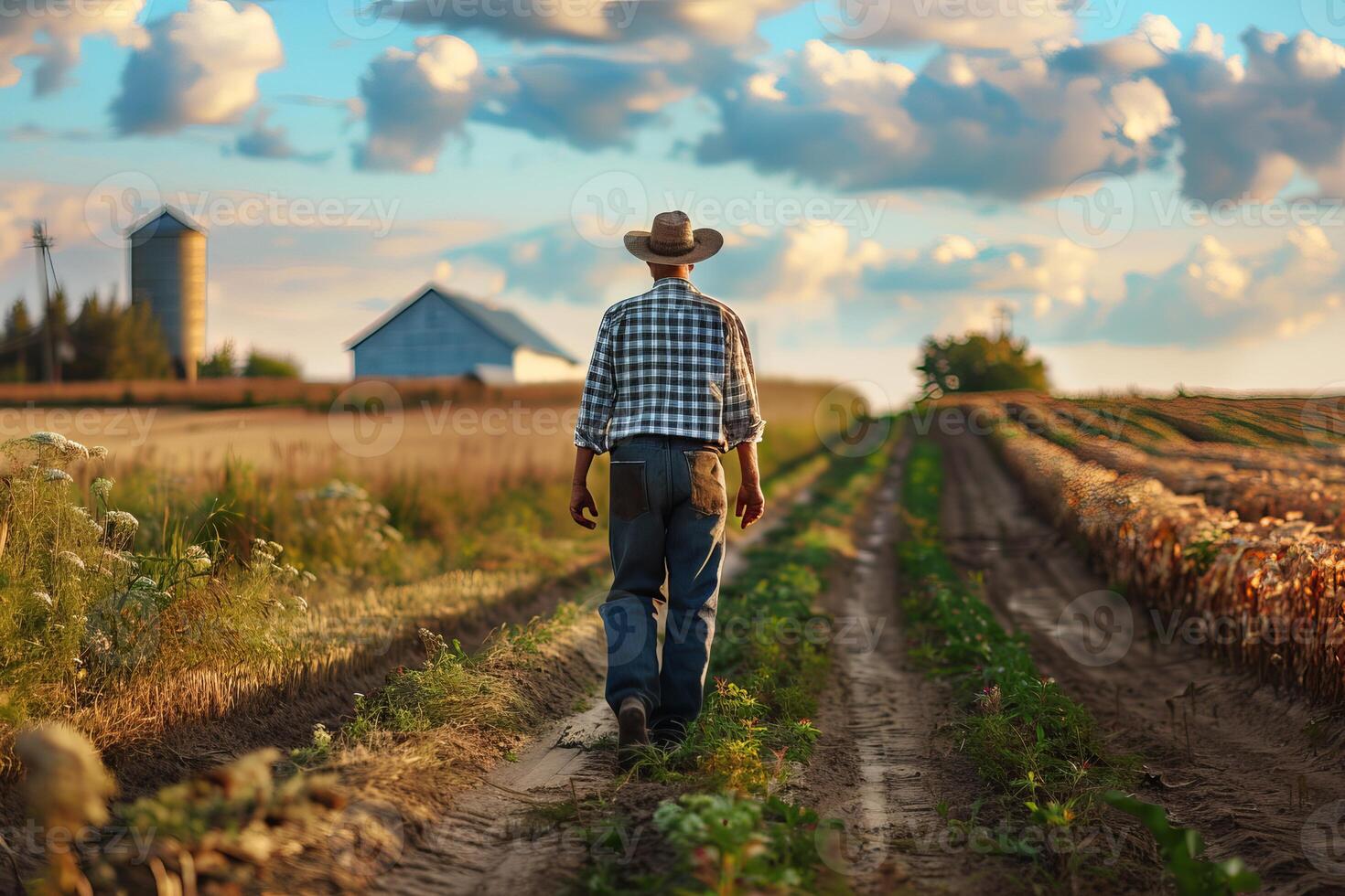 Farmer walking on rural path by fields at sunset photo
